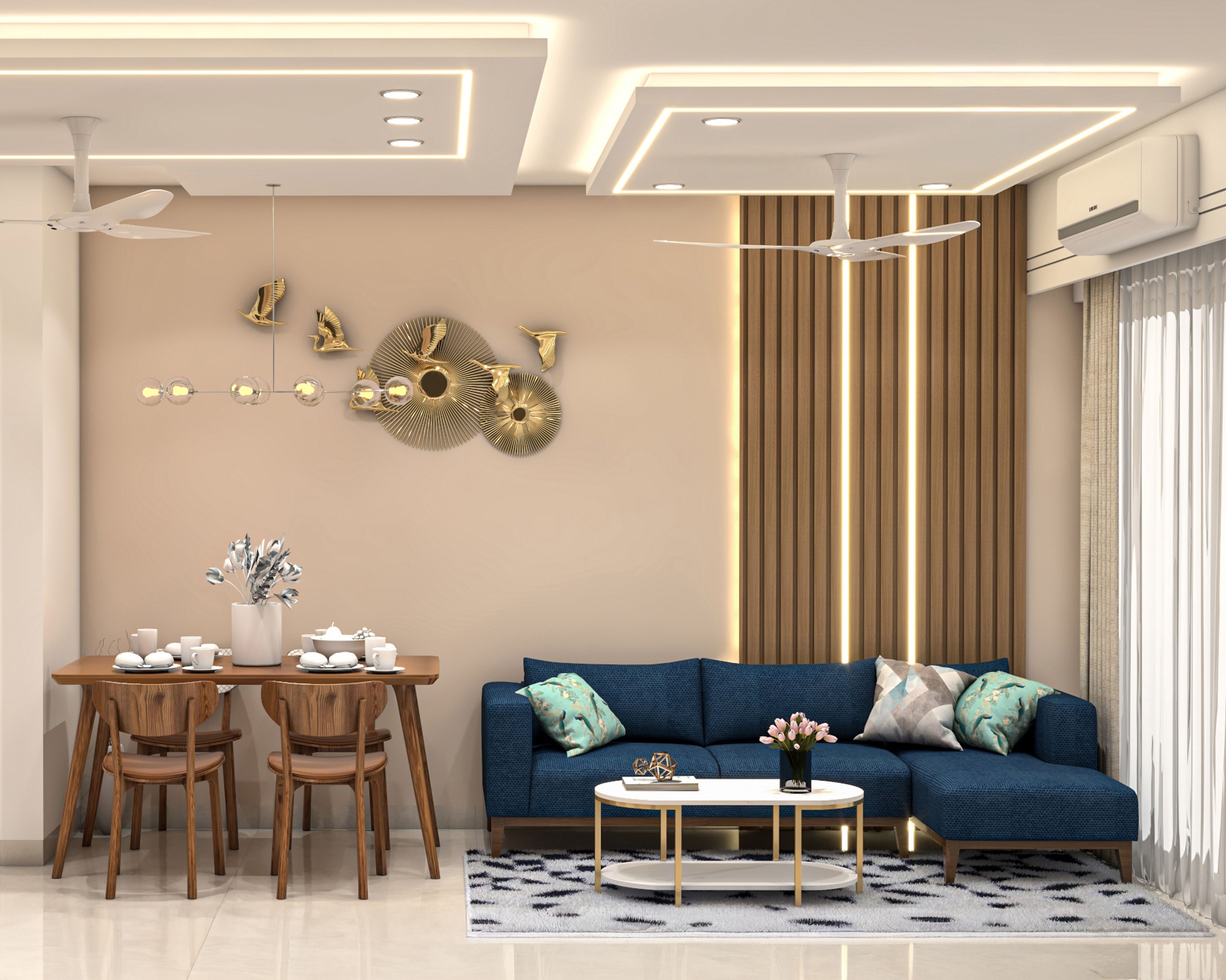 Living Room Design with Blue L-Shaped Sofa and Nested Oval Coffee Table