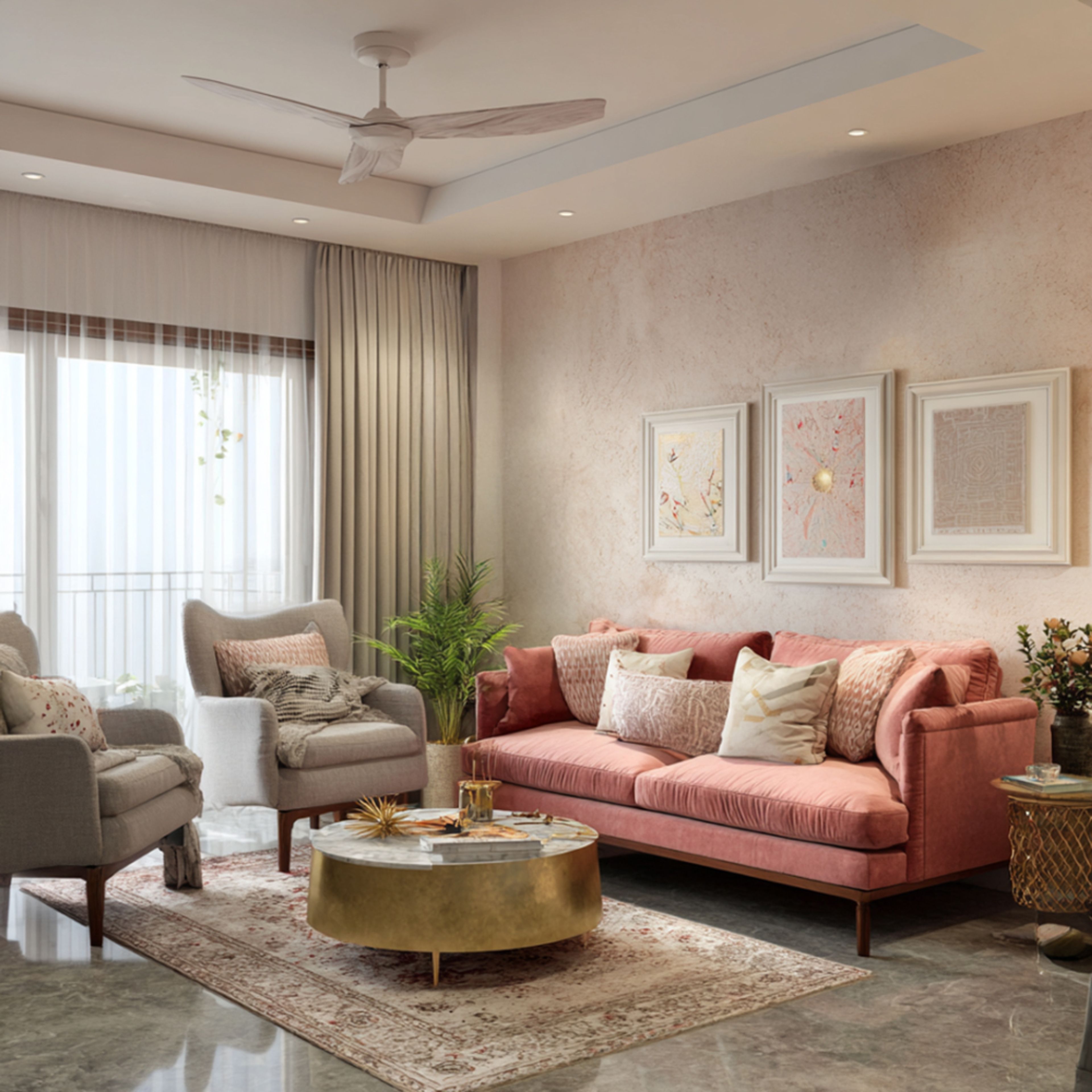 Blush Velvet Sofa and Golden Decor in Classic Living Room Design