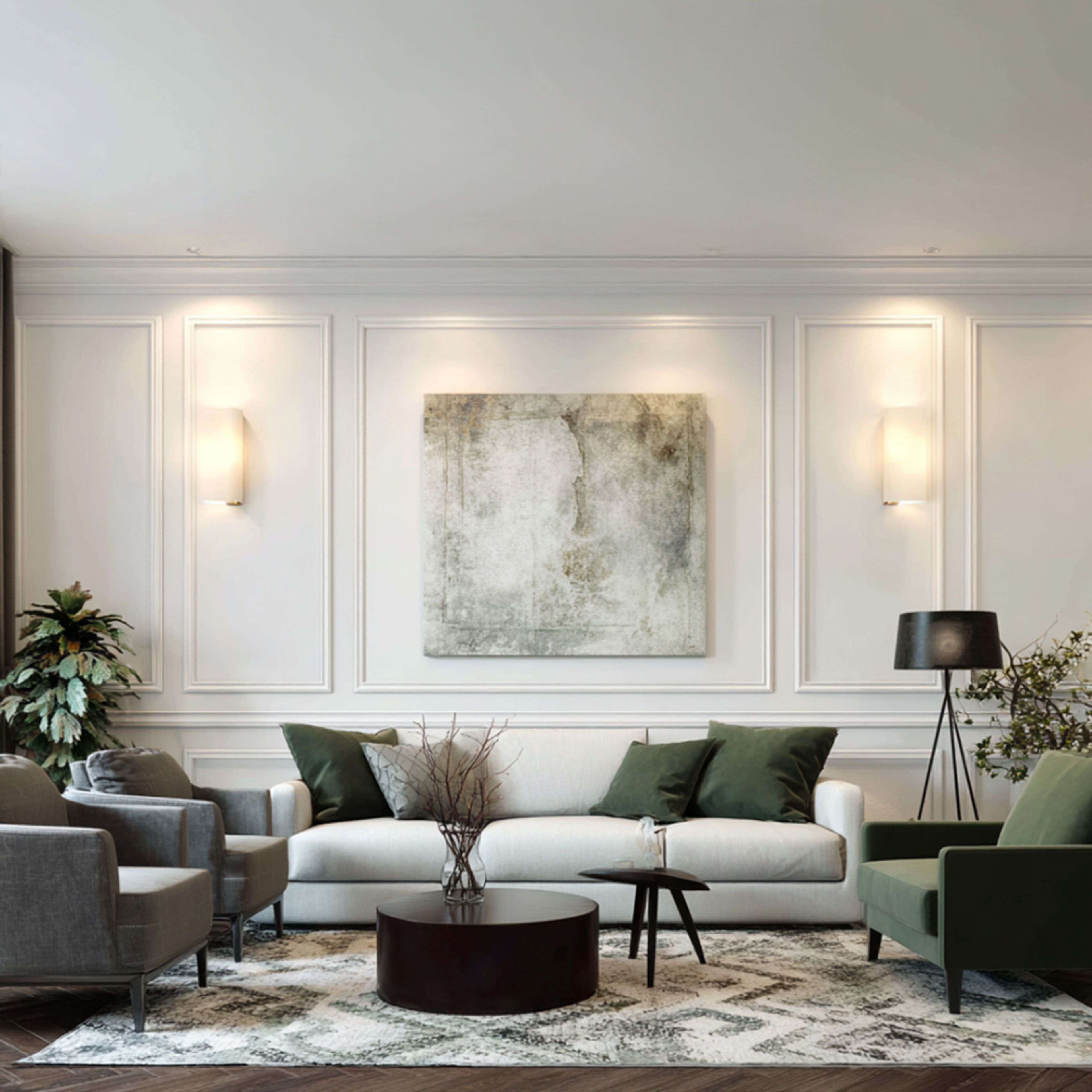 Contemporary Living Room Design with Cream Sofa and Barrel Chairs