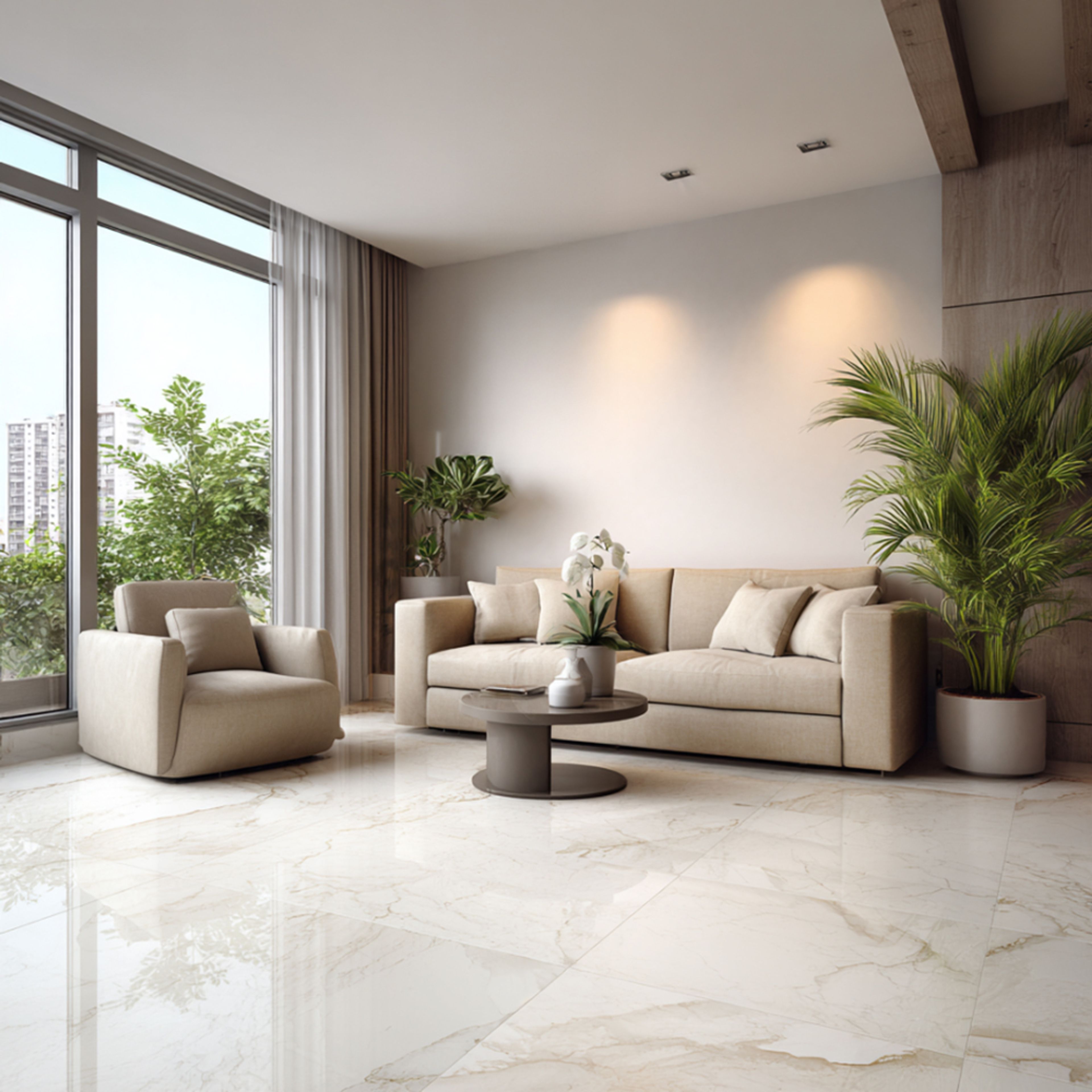 Modern Living Room Design with Beige Sofa and Wall-Length Storage
