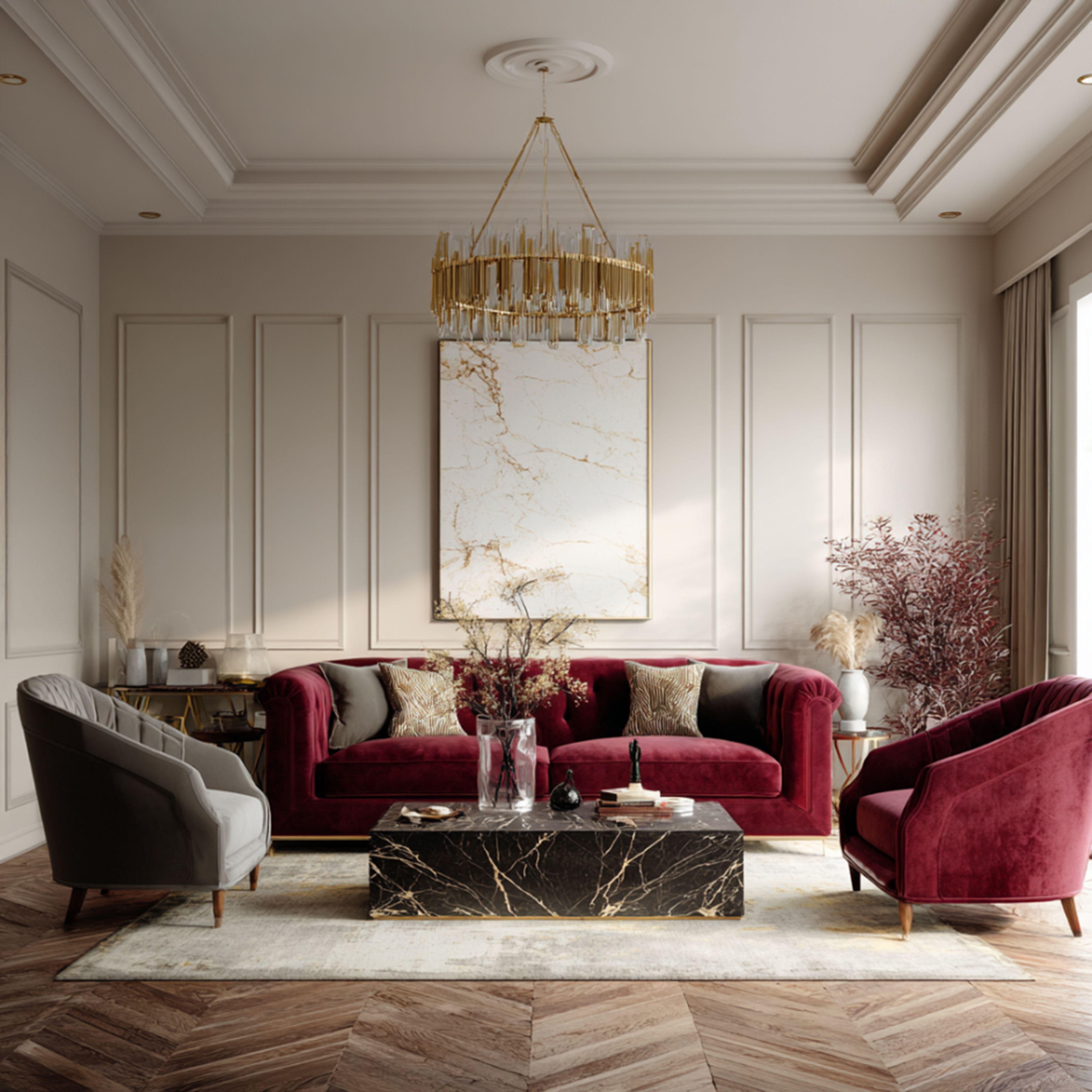 Warm Beige Bedroom and Living Room Wall Design with Recessed Molding