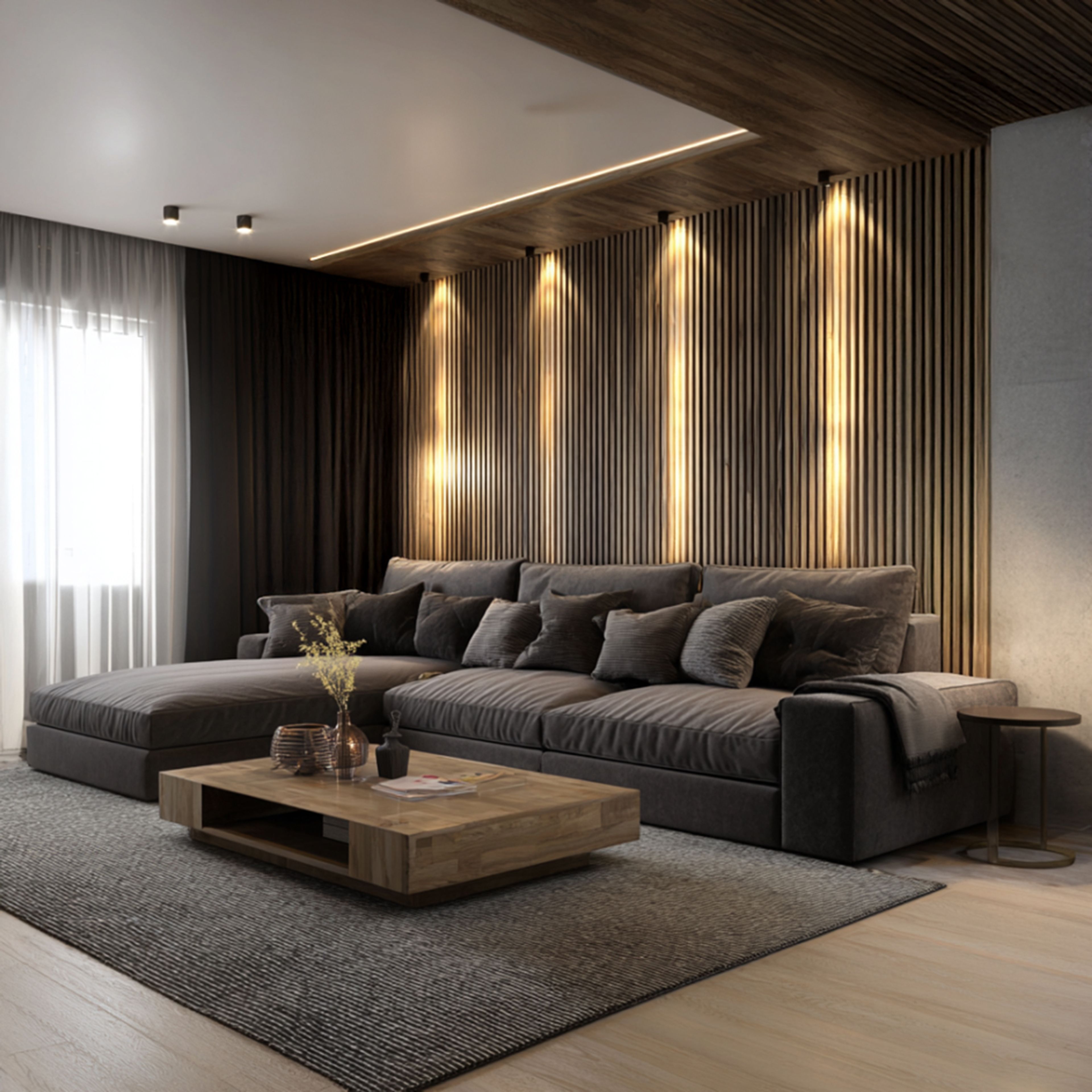 Wall Design with Vertical Wooden Slats in Dark Brown