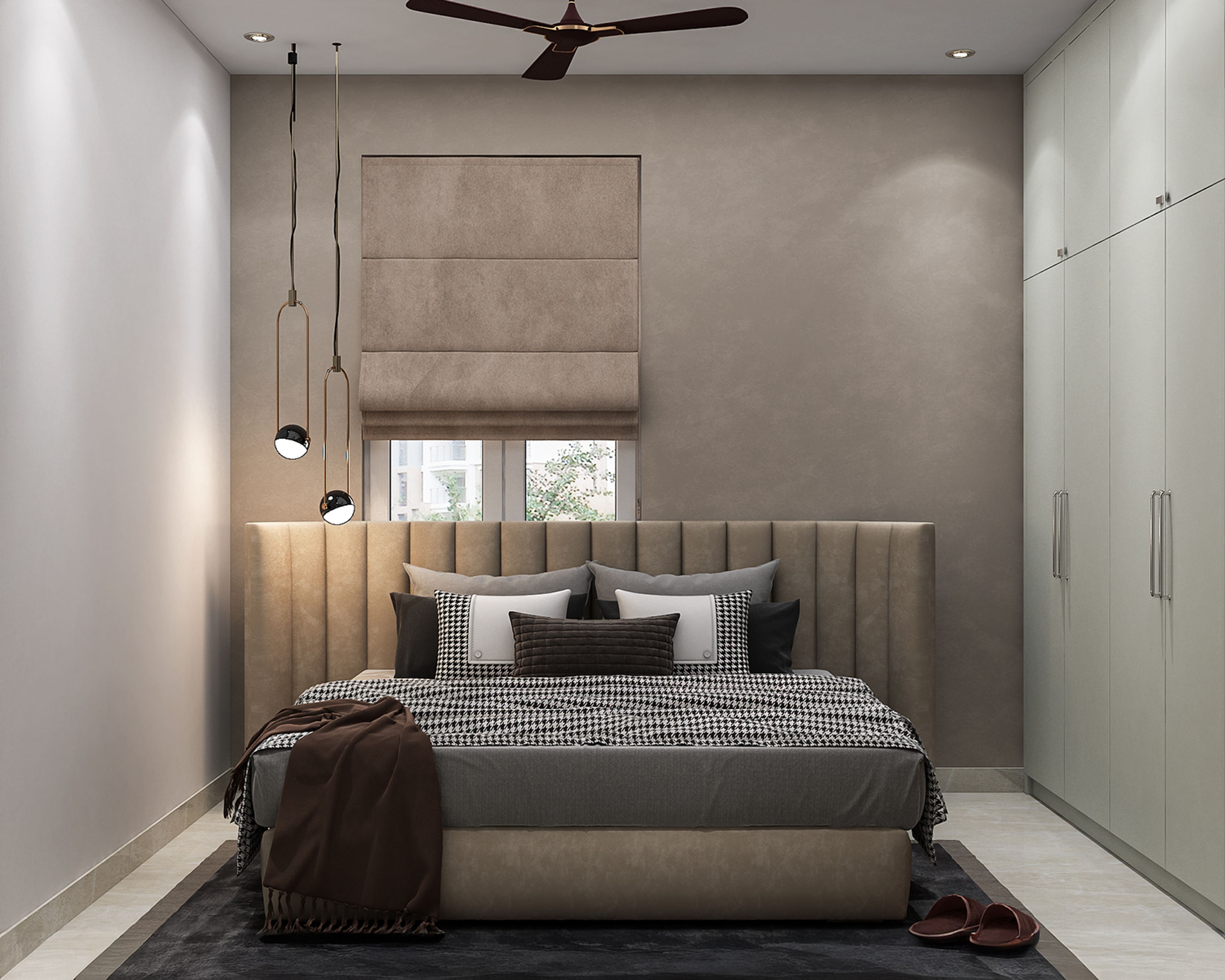 Master Bedroom Design with King Bed, Floating Vanity and Built-In Wardrobe