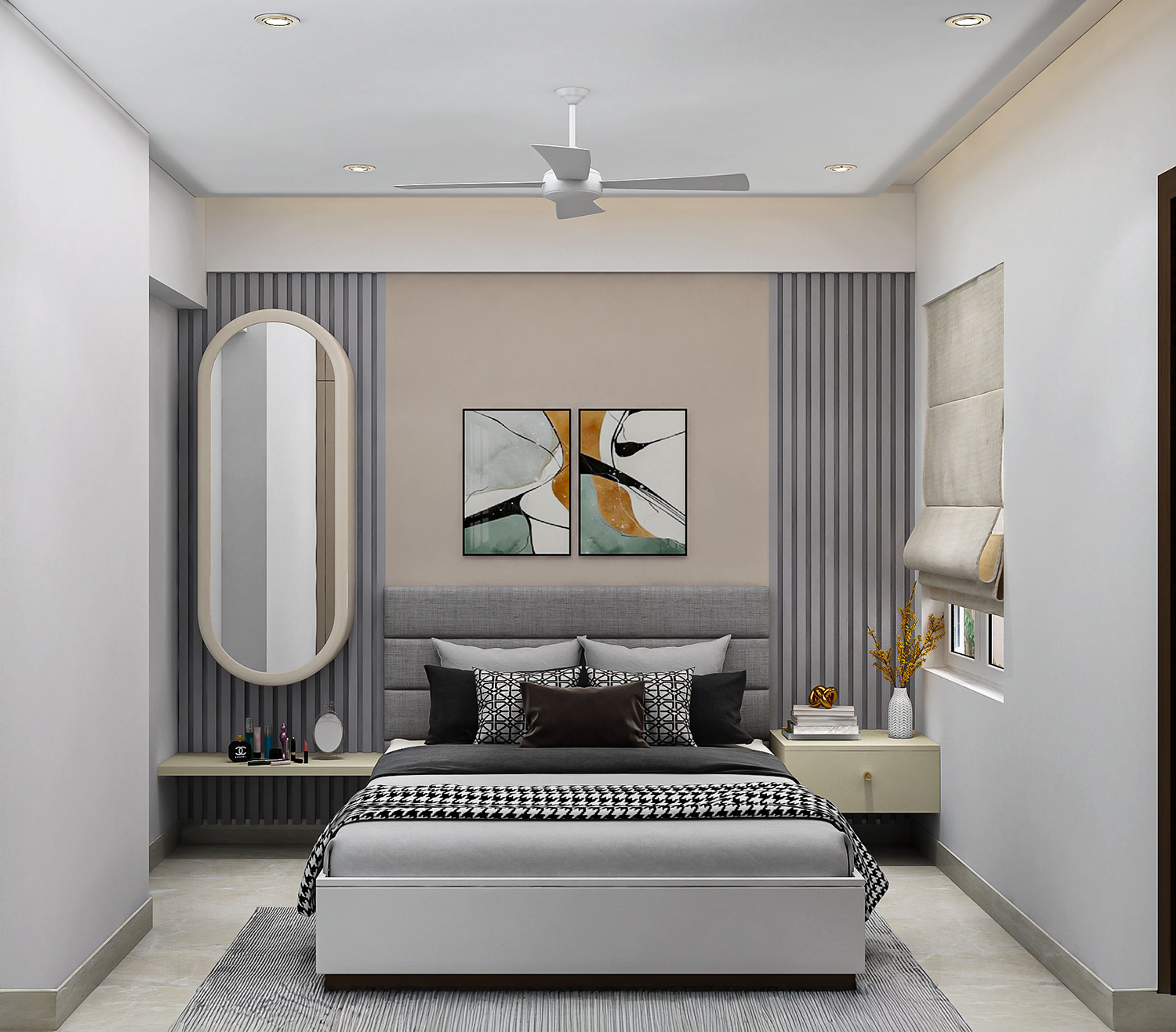 Contemporary Master Bedroom Design with Built-In Wardrobe and Floating Bedside Tables