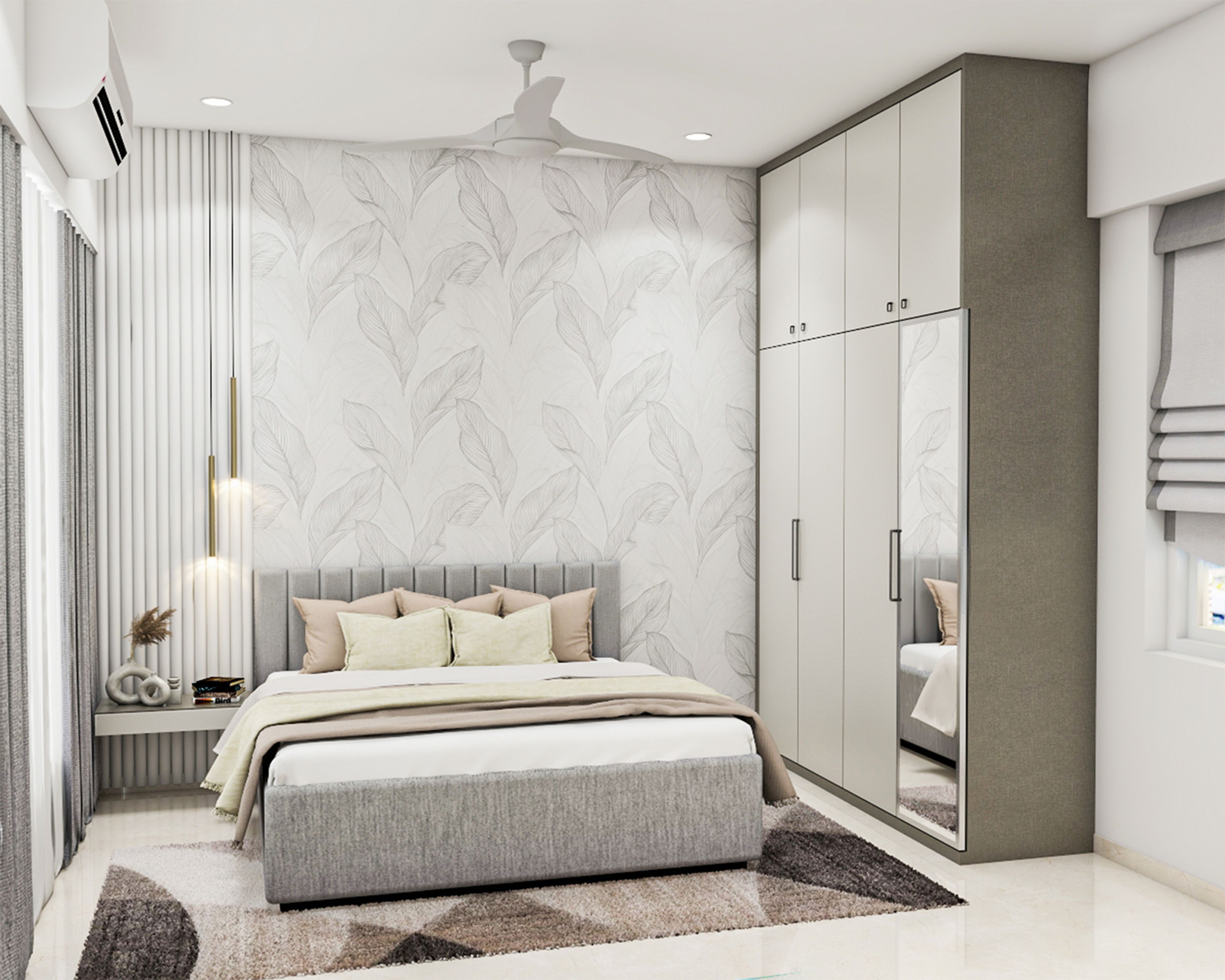 Contemporary Master Bedroom Design With King Size Panel Headboard Bed and Built-In Wardrobe