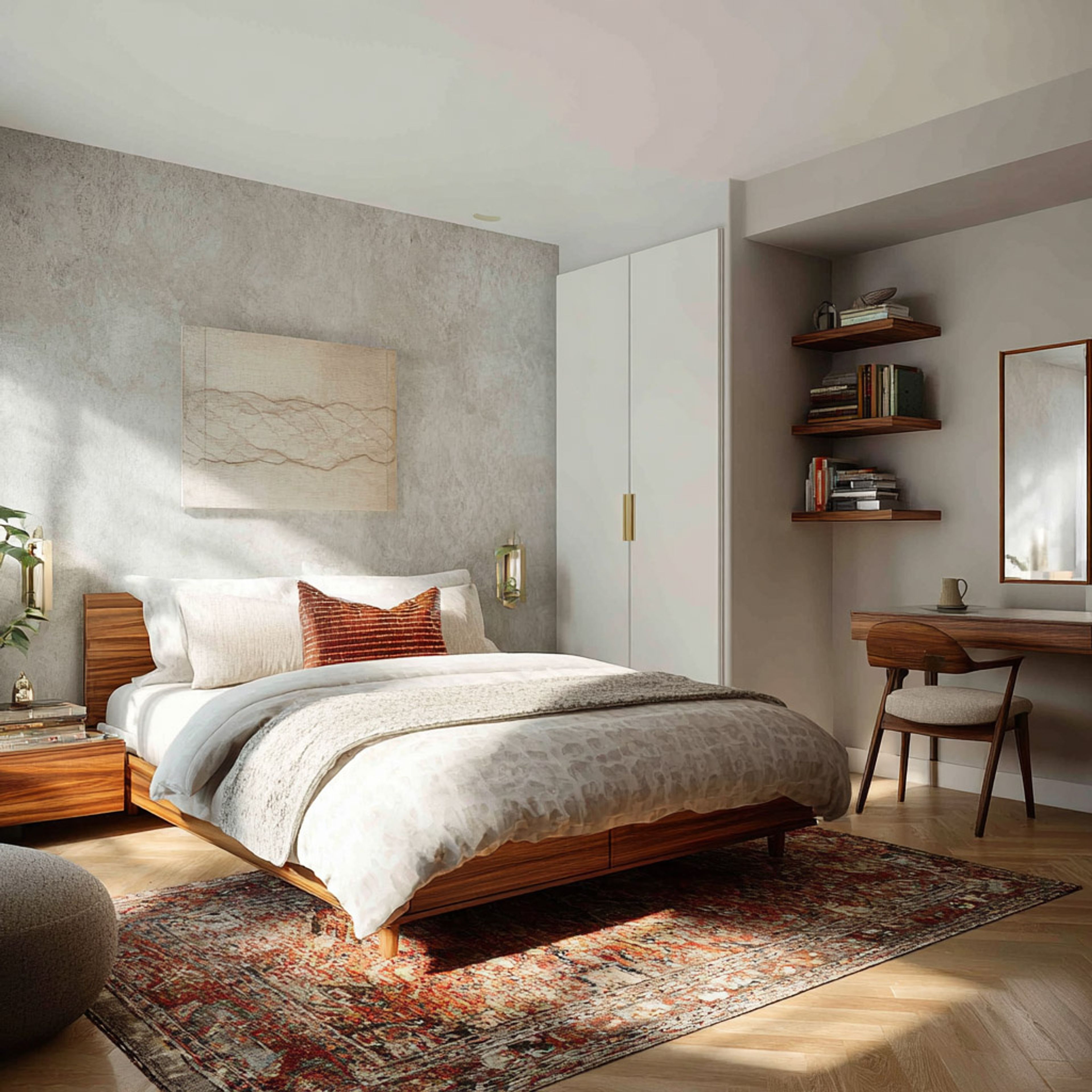 Modern Wooden Master Bedroom Design with Built-In Wooden Desk and Floating Bedside Tables