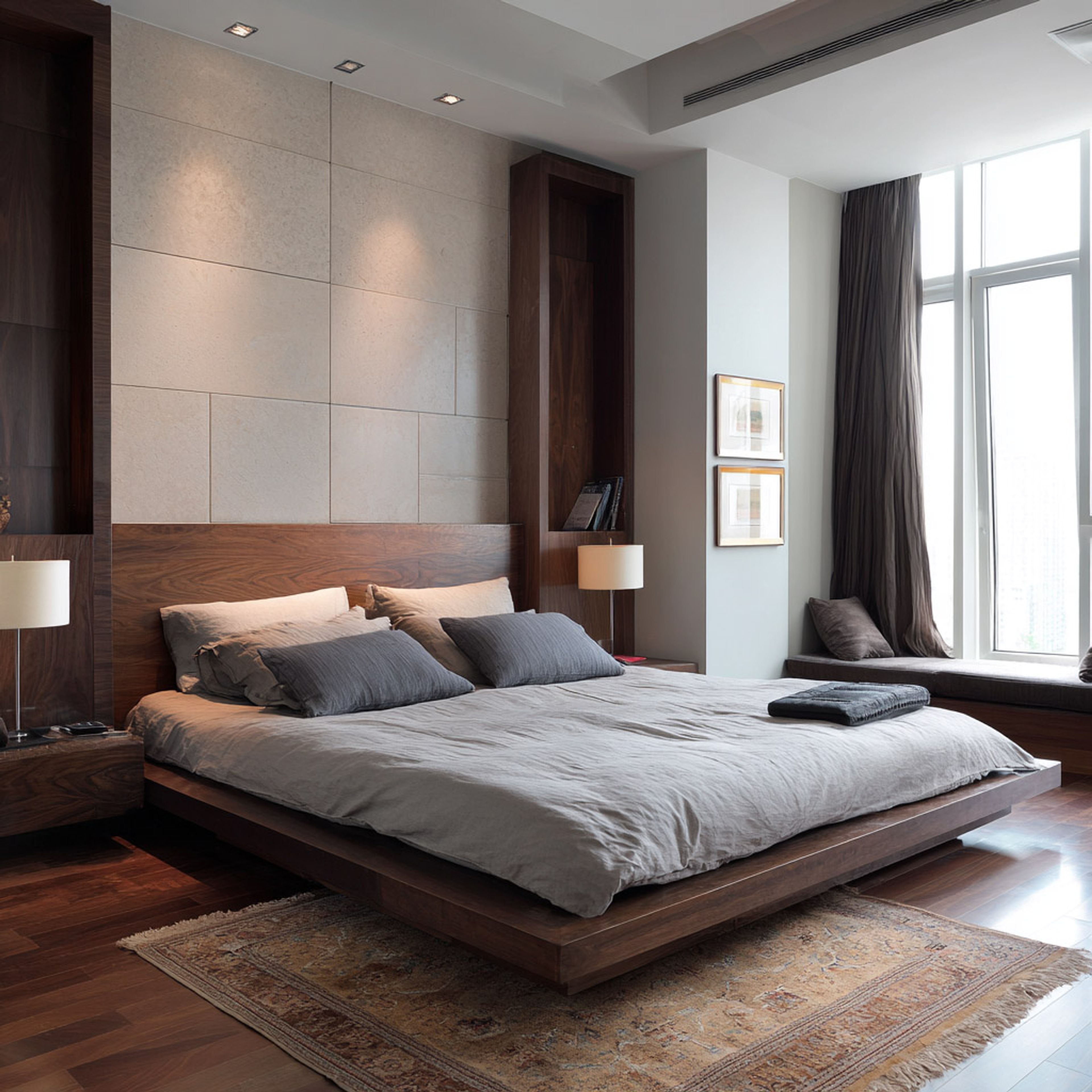 Modern Master Bedroom Design with Stone-Like Wall Finish and Low-Profile Platform Bed