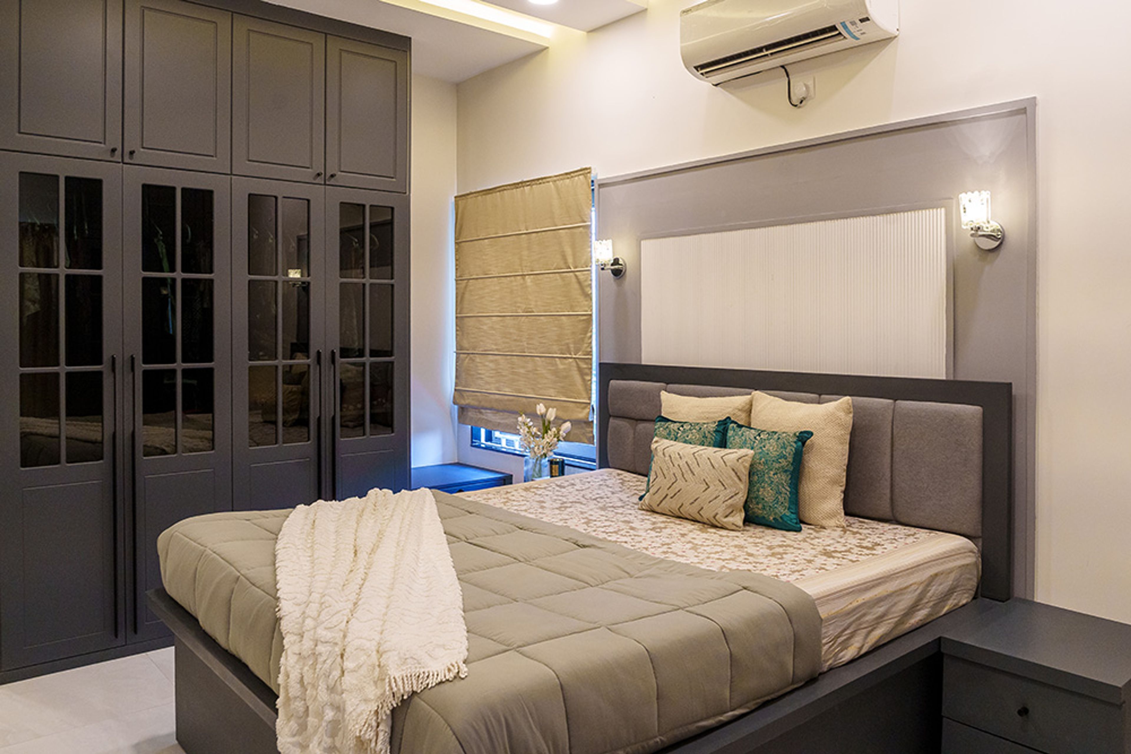 Classic Master Bedroom Design with Grey Paneling and Matte Glass Wardrobe