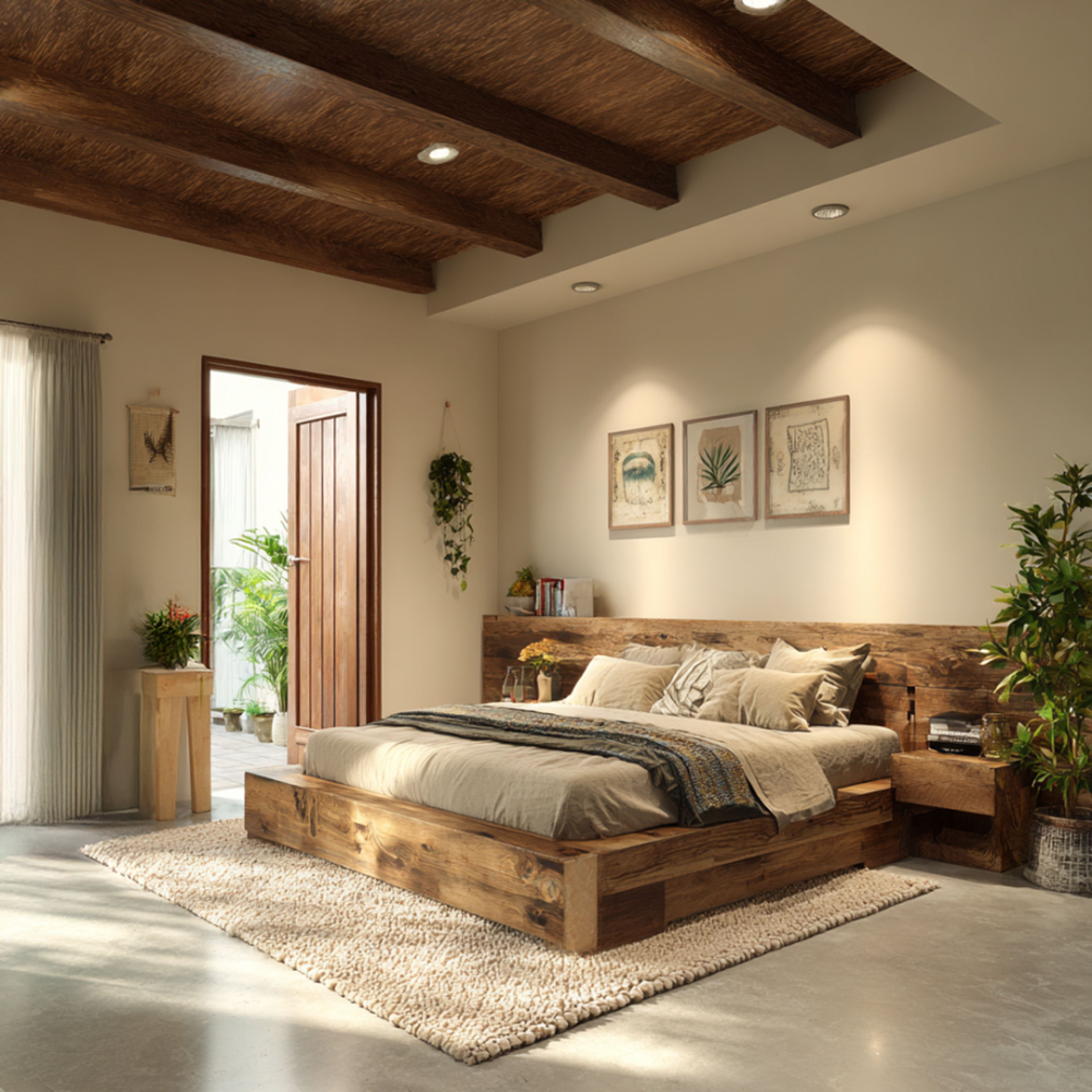 Rustic Master Bedroom Design with Botanical Prints and Stone Wall