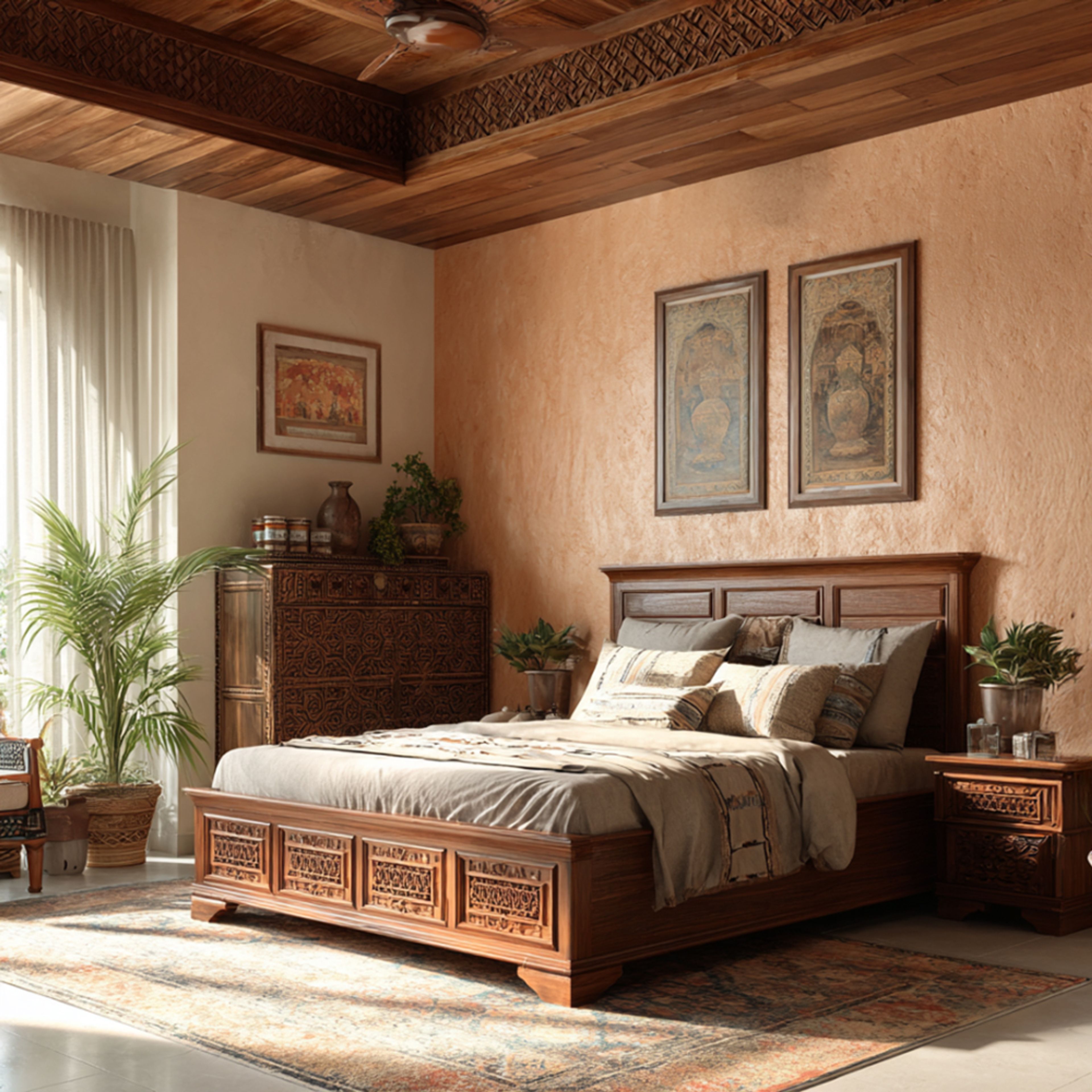 Indian Traditional Master Bedroom Design with Carved Wooden Furniture