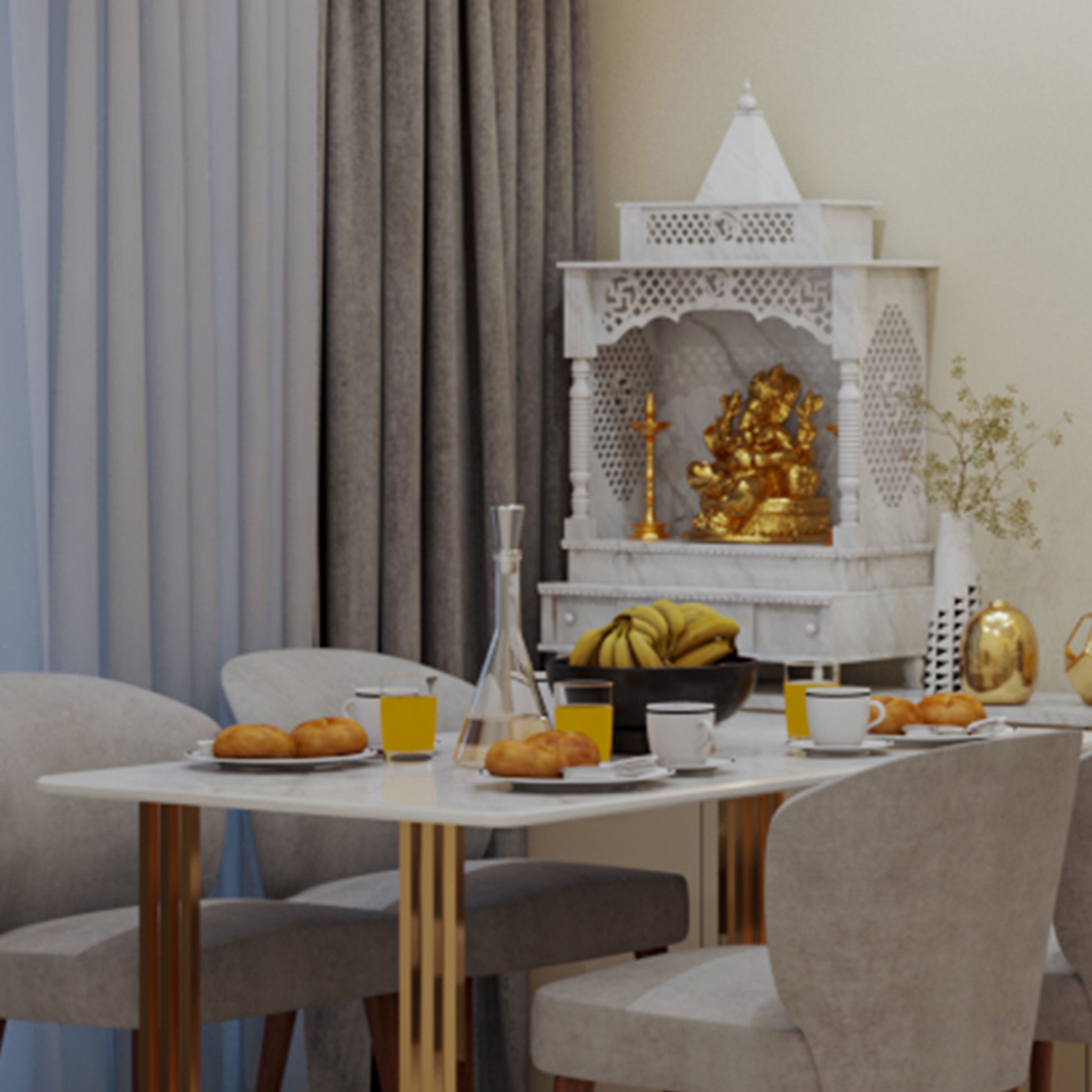 Contemporary Pooja Room Design With Wall-Mounted Cabinet Storage and White Palette