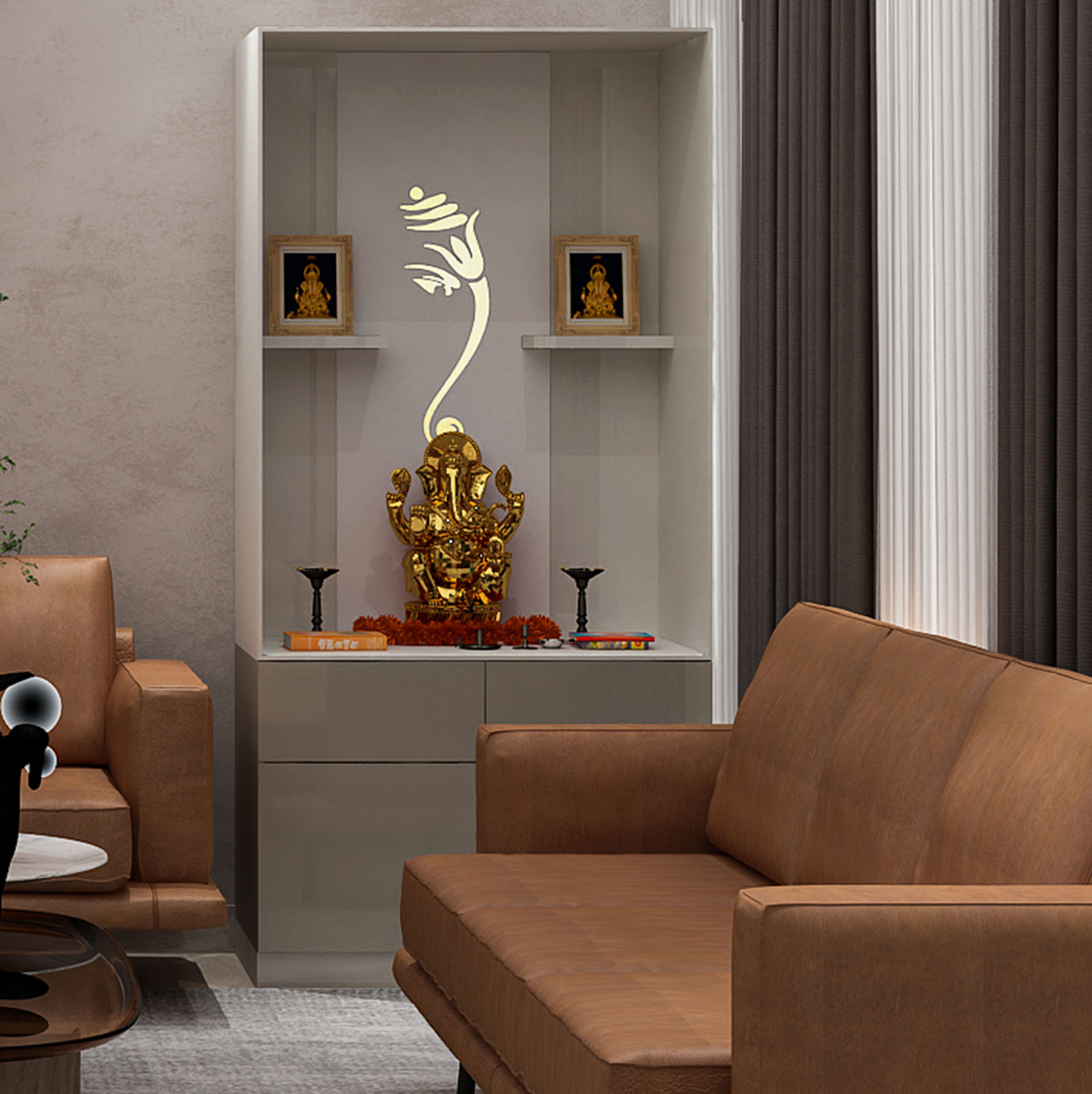 Floor-Mounted Minimal Grey Pooja Design with Built-In Niche and Wall Paneling