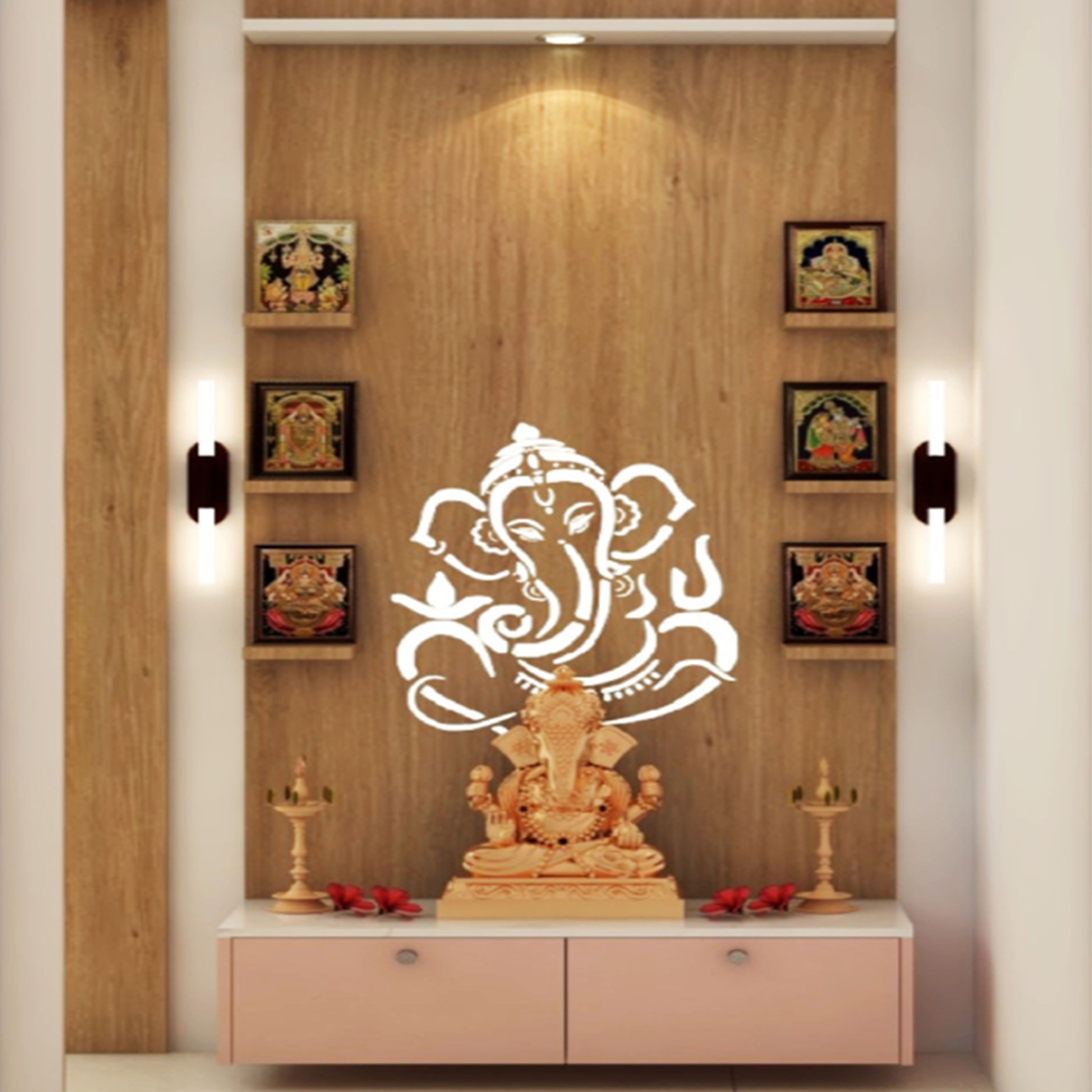 Traditional Pooja Design with Rose Pink Backdrop and Wooden Cabinet