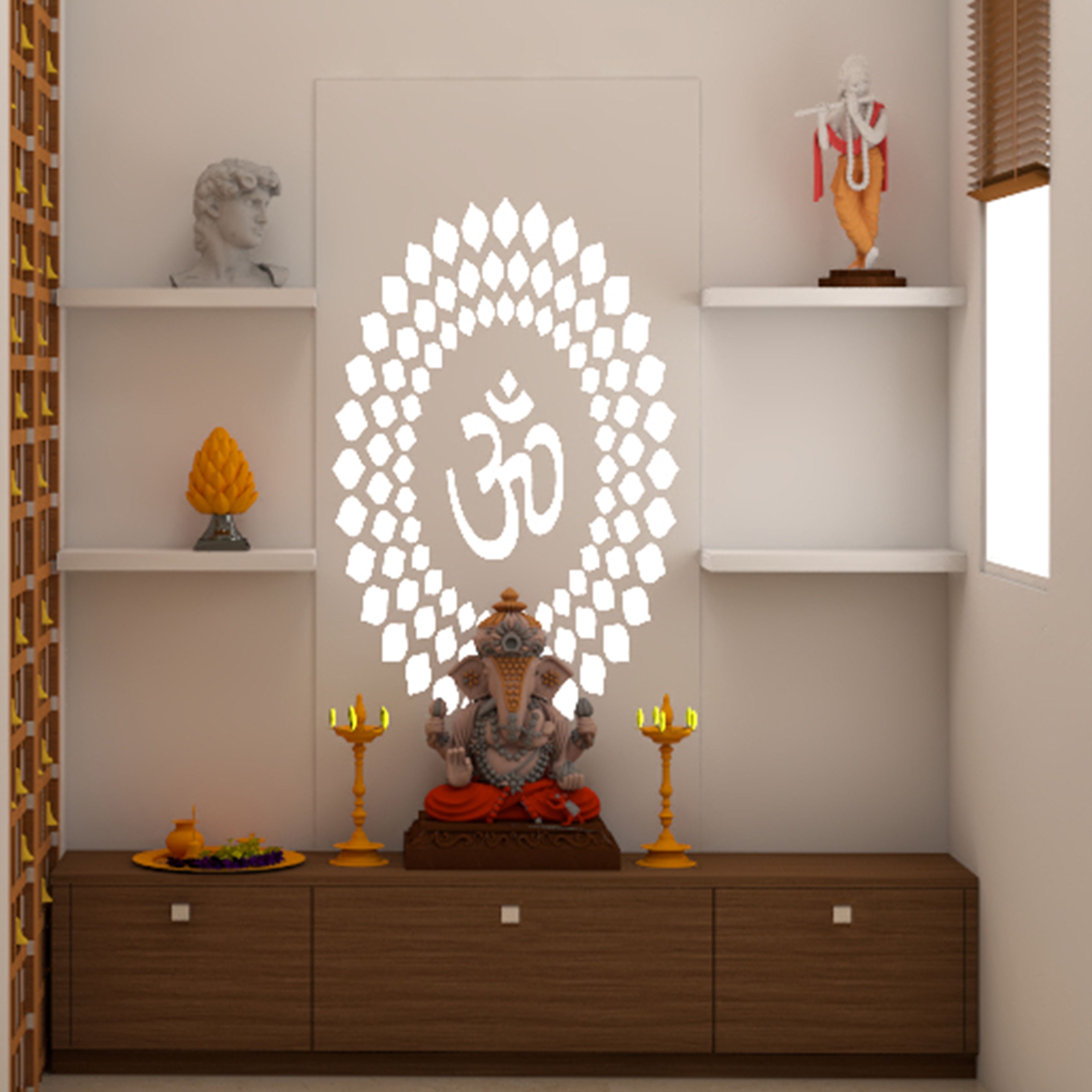 Traditional Pooja Design with White and Walnut Finish and Backlit ‘Om’ Motif
