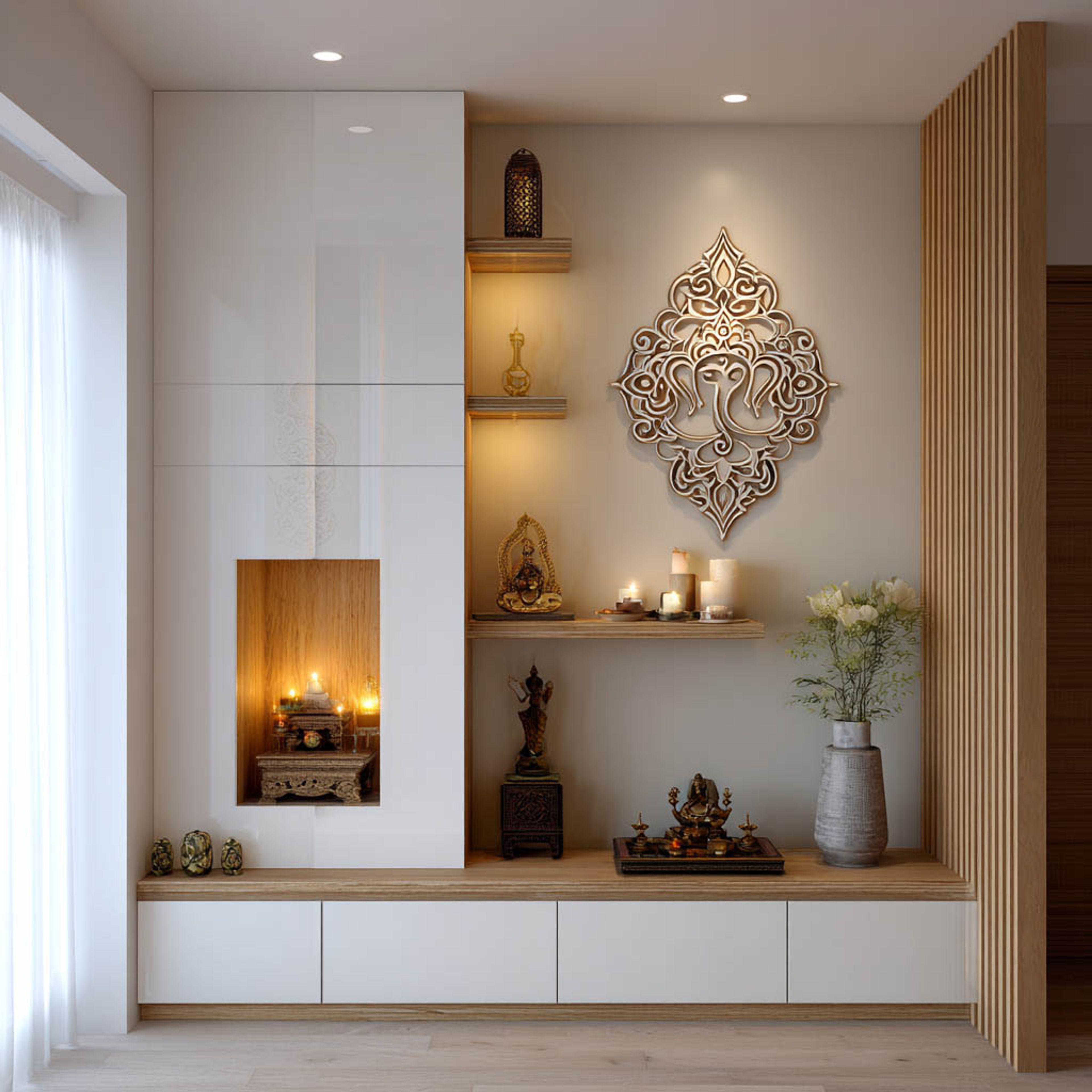 Modern Pooja Design with Two-Tone Palette and Built-in Storage