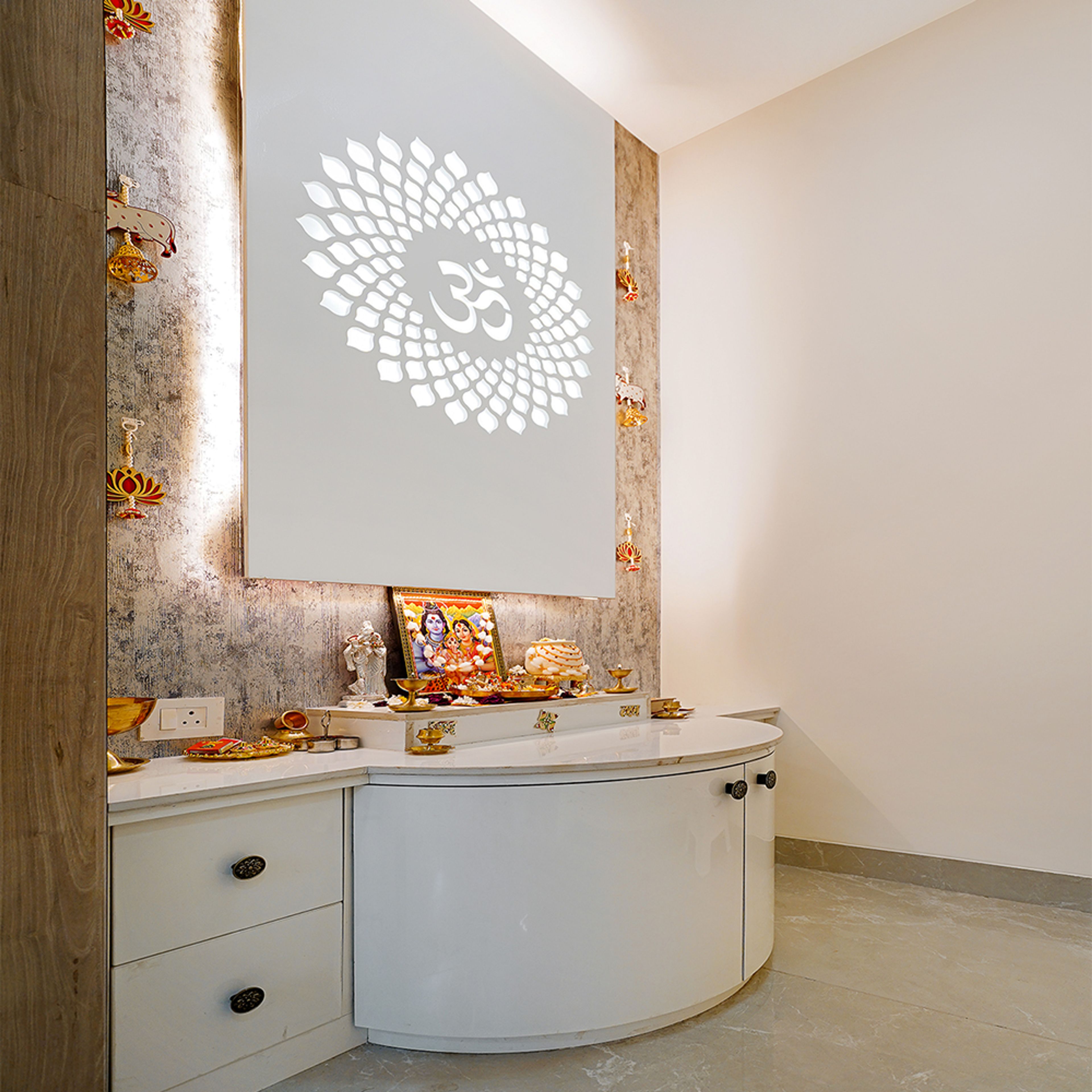 Contemporary White Pooja Design with Mandala Backdrop and Built-In Drawers