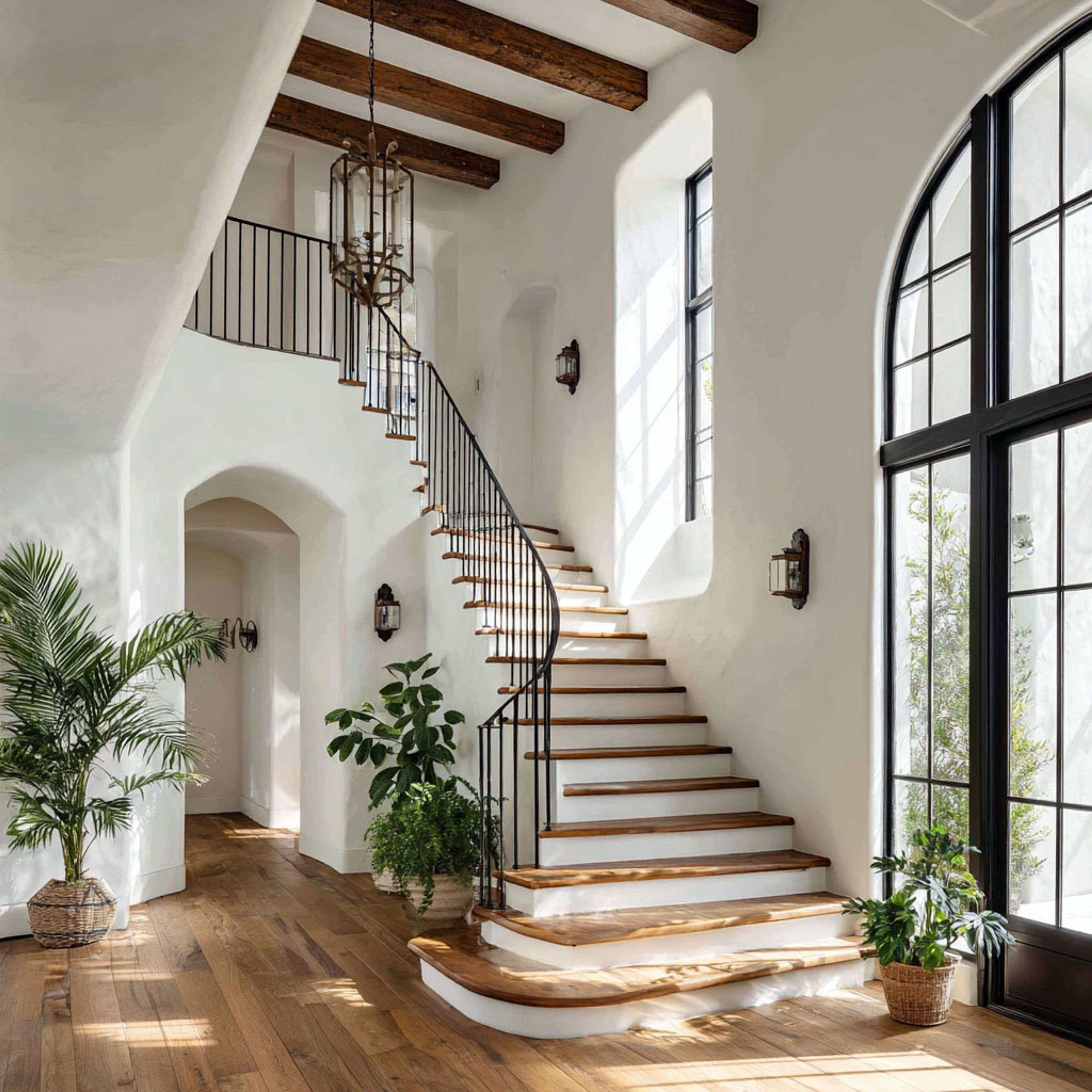Modern Straight Staircase Design with Wooden Steps and Metal Railing