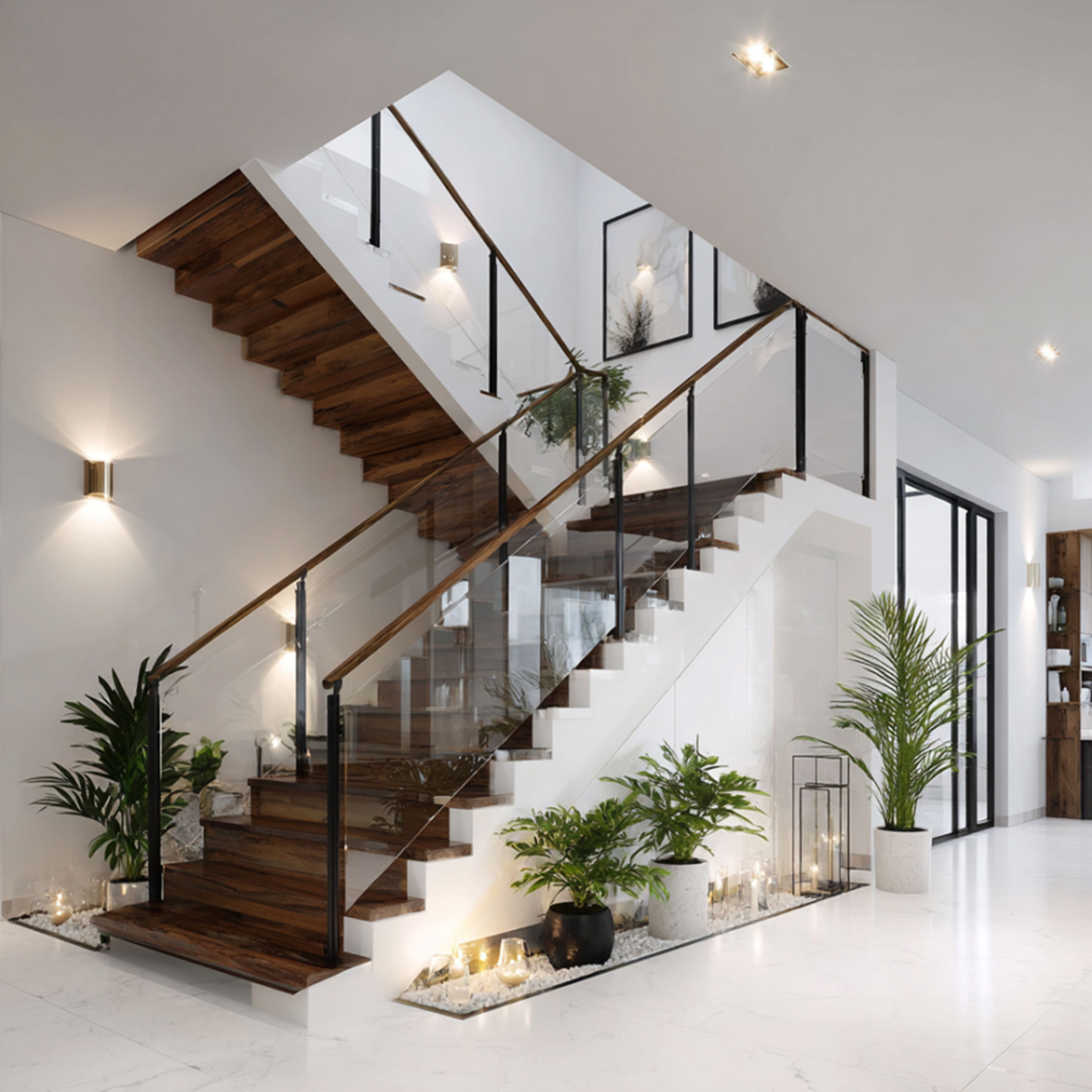 L-Shaped Modern Staircase Design Featuring Floating Glass Railing