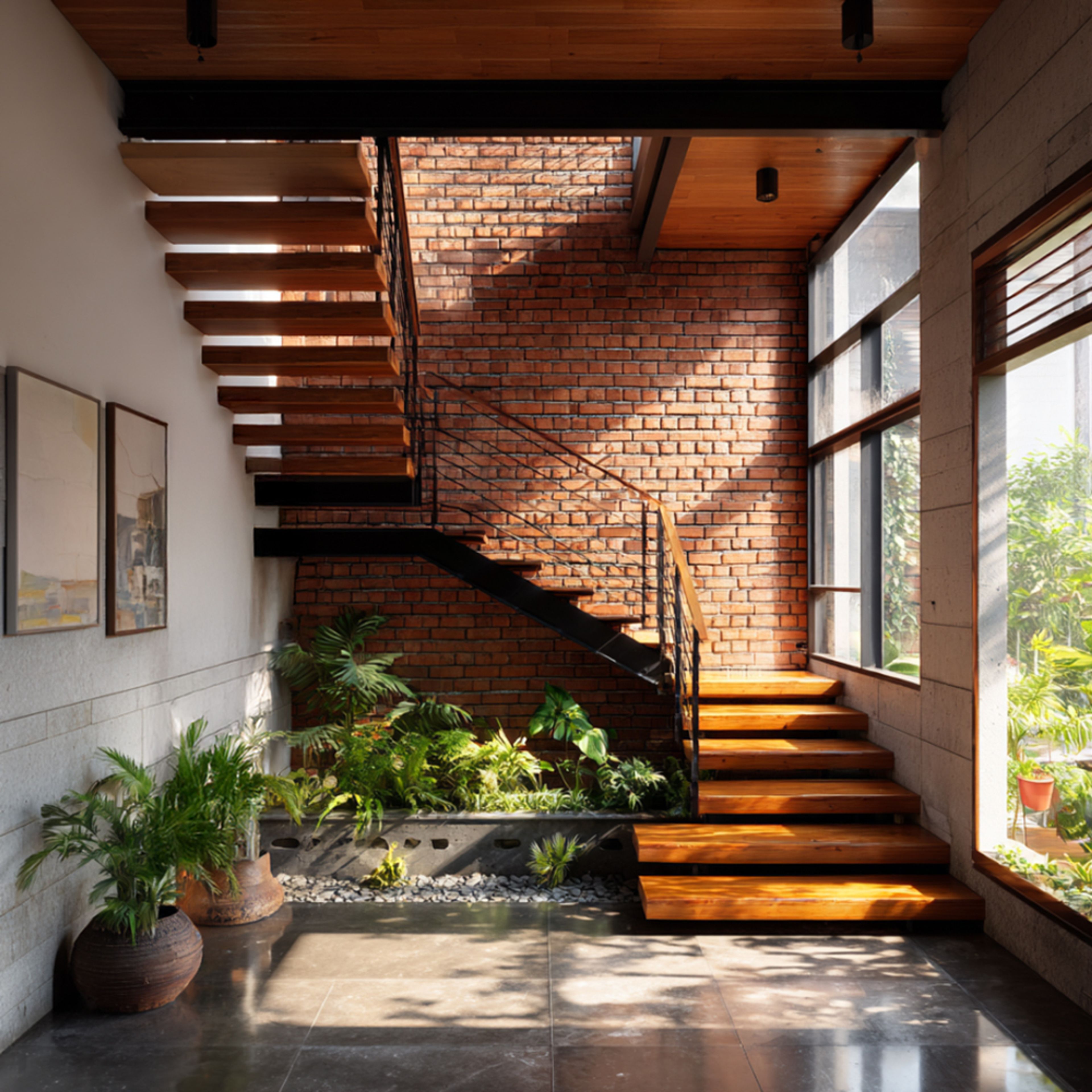 Contemporary L-Shaped Staircase Design With Wooden Steps and Metal Rails