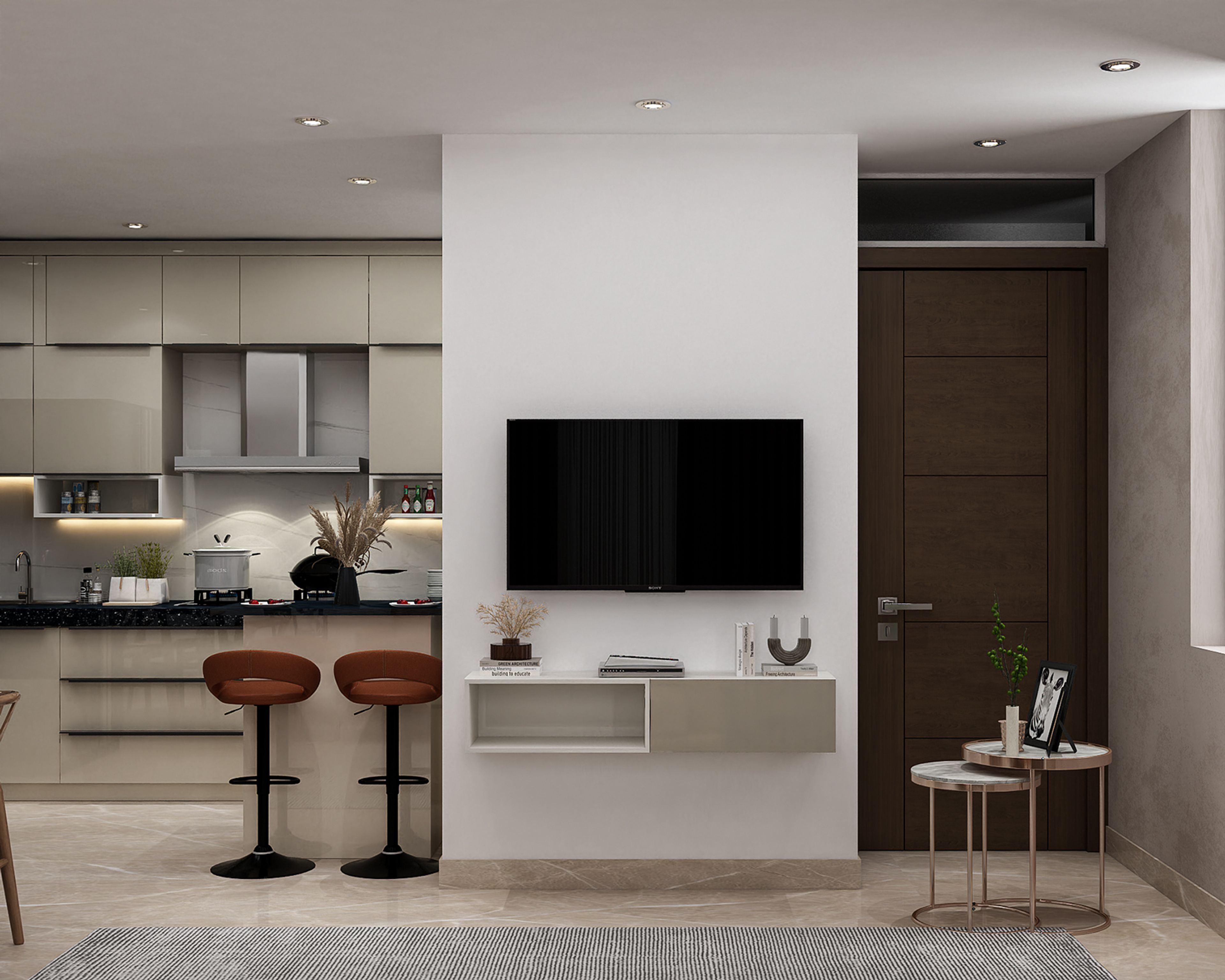 Modern TV Unit Design in Cream with Open Compartments and Wall-Mounted Cabinet