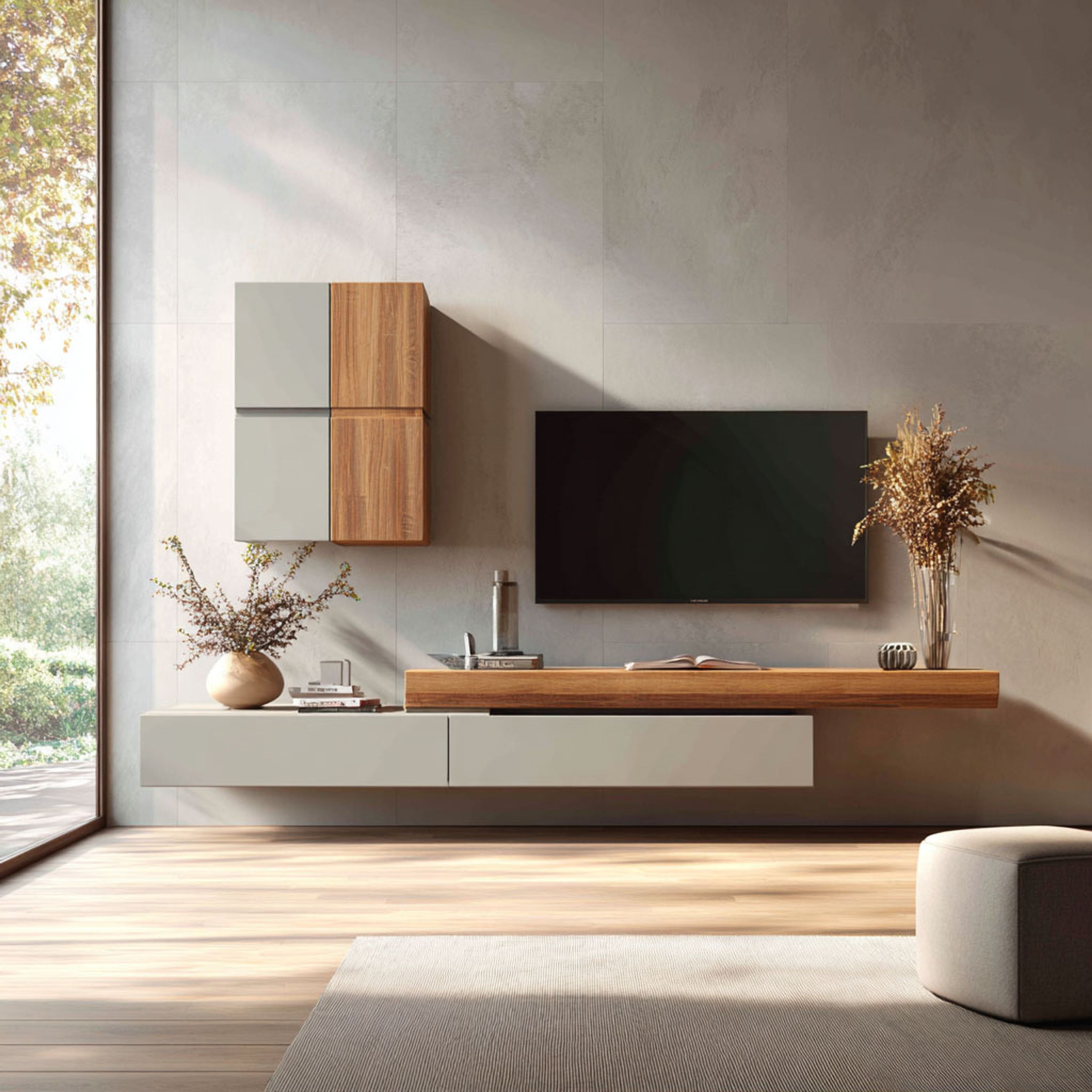 Dual floating TV console with wall-mounted side cabinets and natural sunlight accents