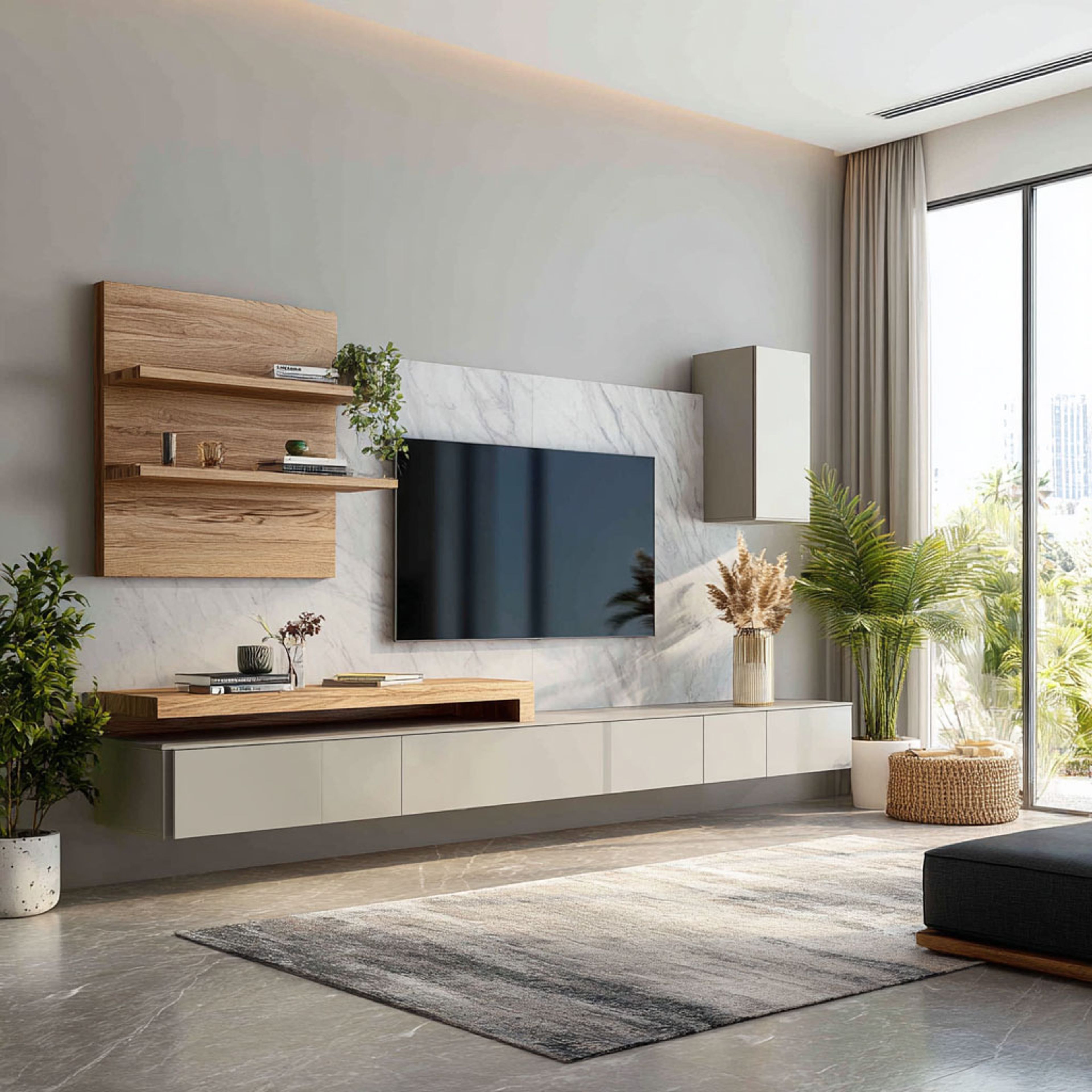 TV unit with marble back panel, floating wooden shelves, and hidden storage