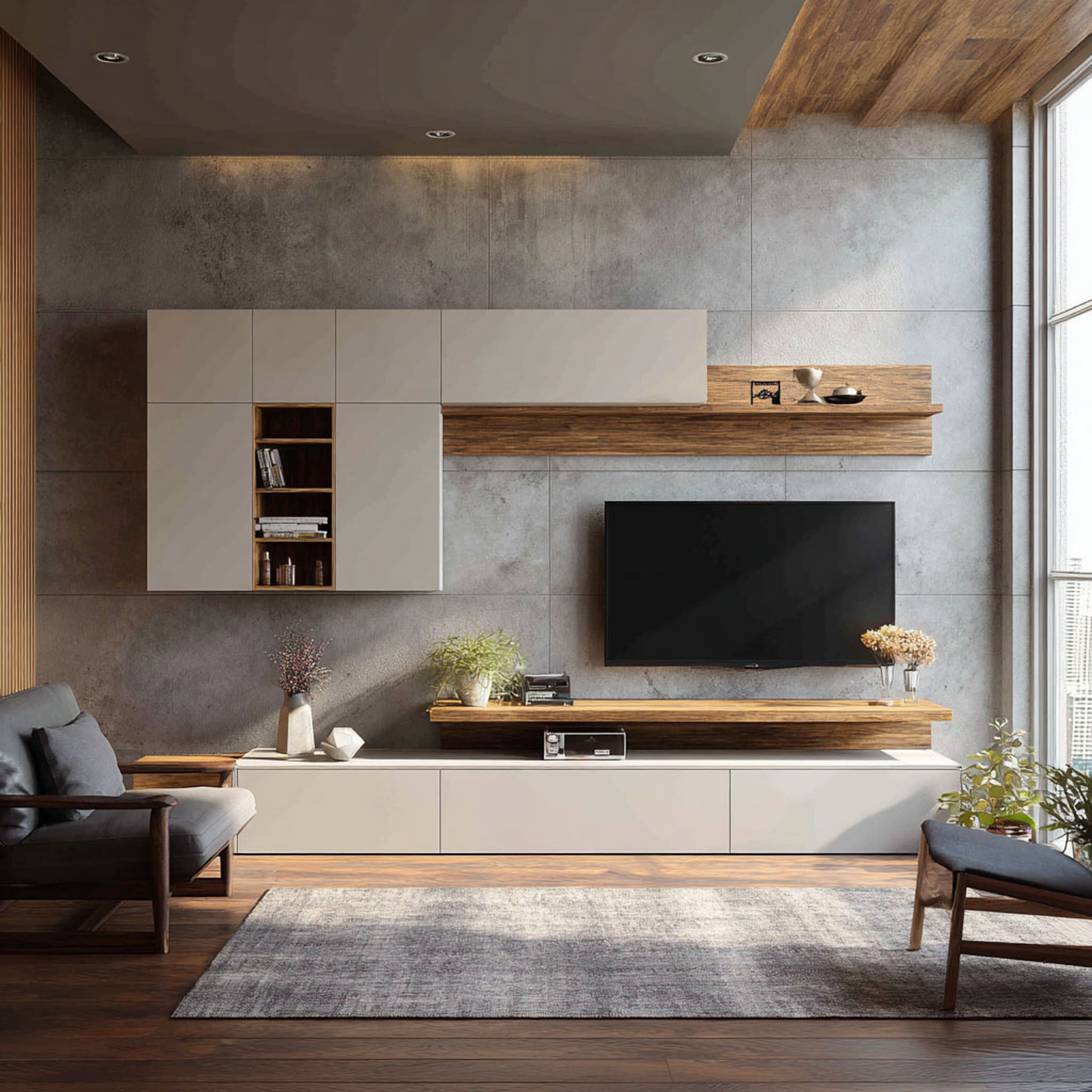TV unit with mixed open and closed cabinets in a modern, layered design