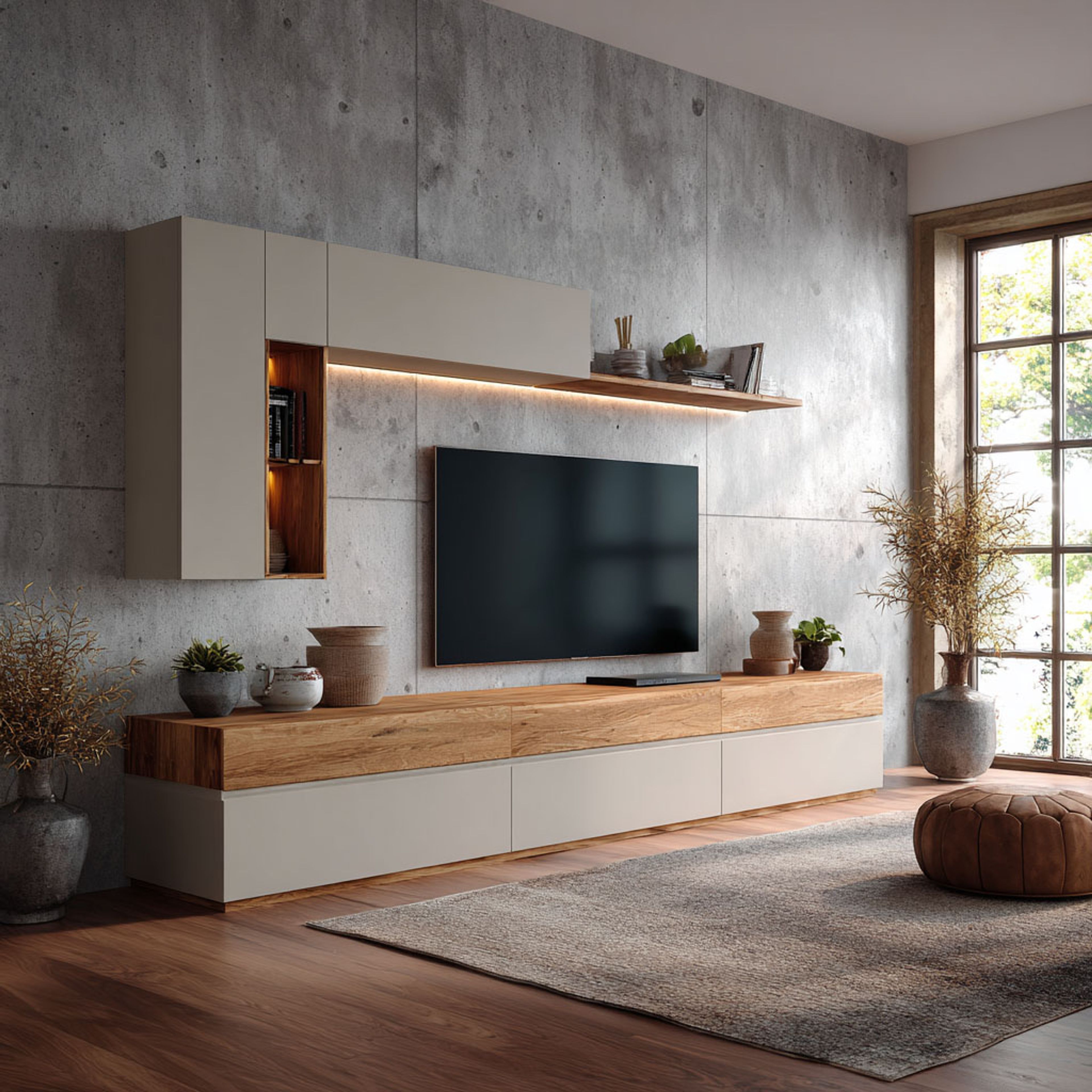 Floating TV unit with upper cabinets, warm accent lighting, and modern design