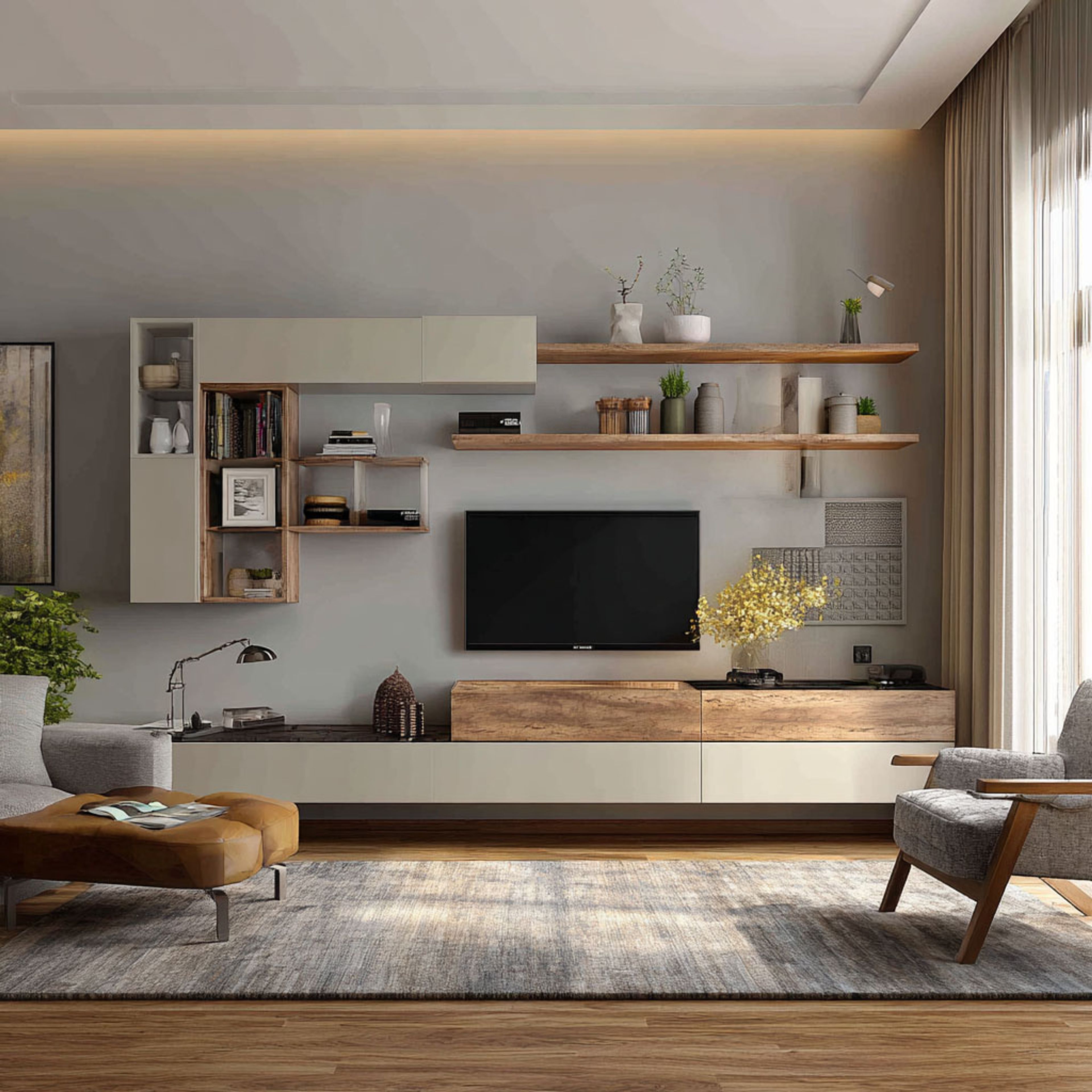 Multi-level TV unit with open display shelving and hidden base drawers