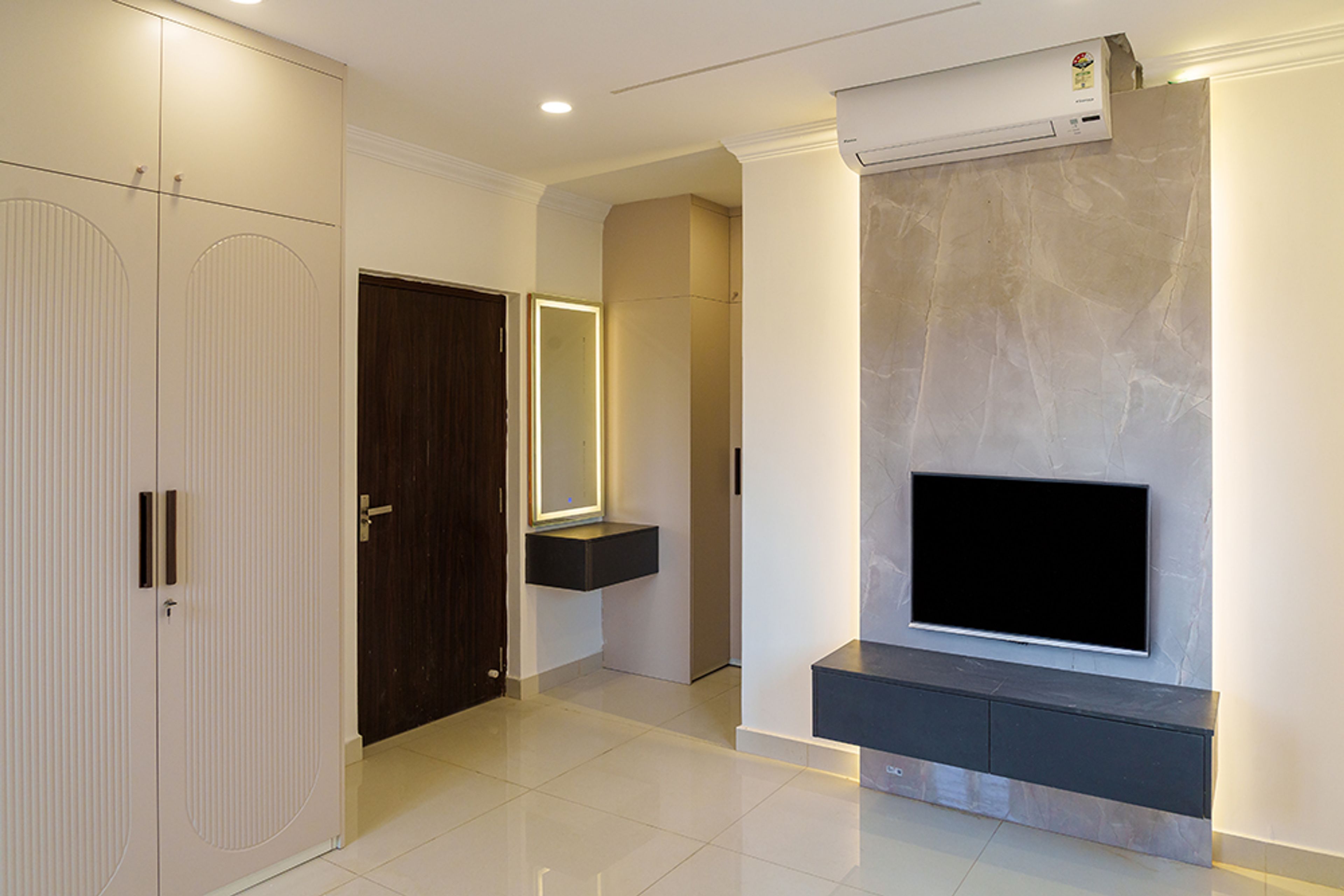 Modern TV Unit Design in Grey with Marble Back Panel