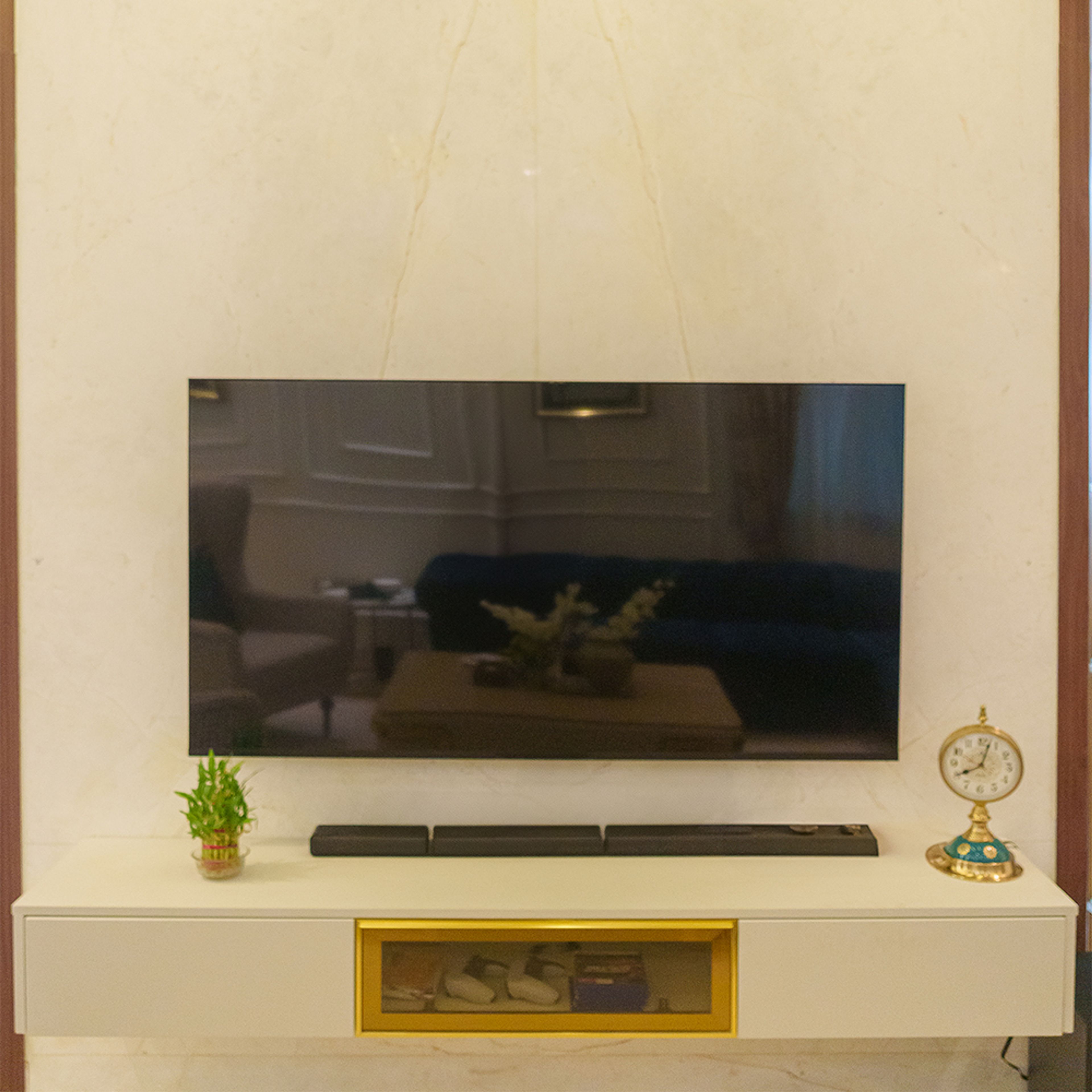 Wall-Mounted TV Unit Design in Smoke Grey and Peak Yellow