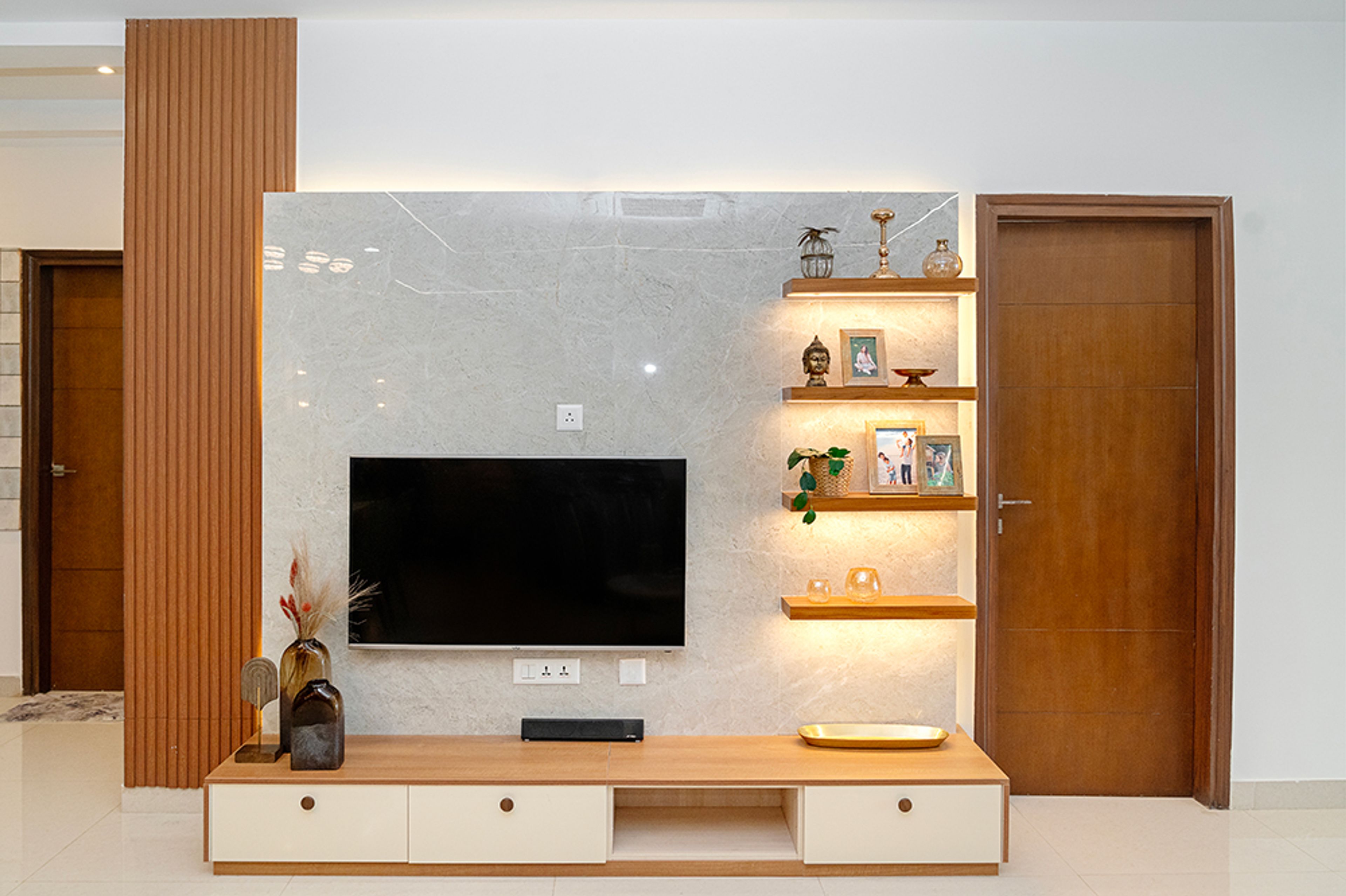 Contemporary TV Unit Design in Champagne and Walnut with Open Storage