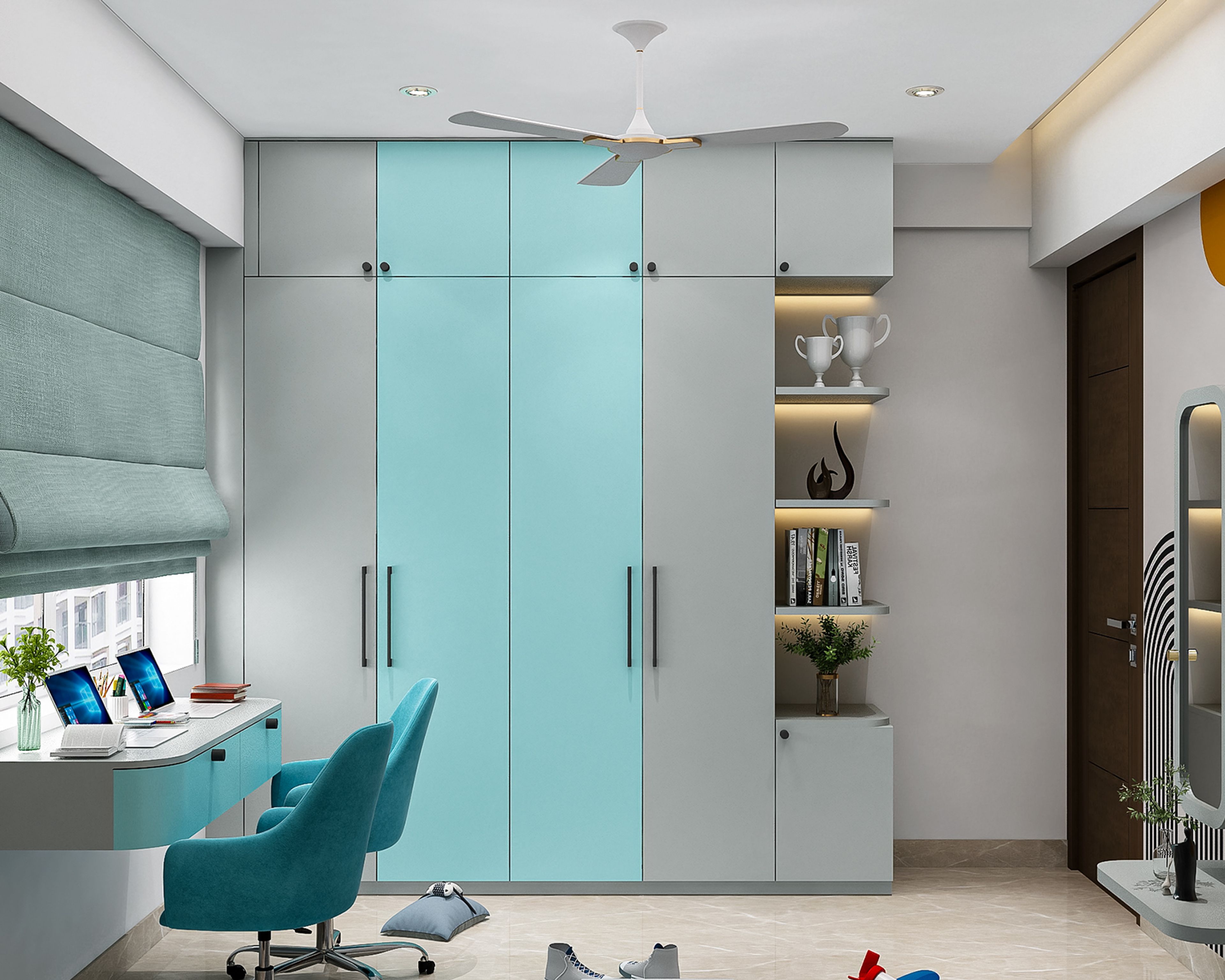 Modern 4-Door Swing Wardrobe Design in Silver and Aqua Suede Finish