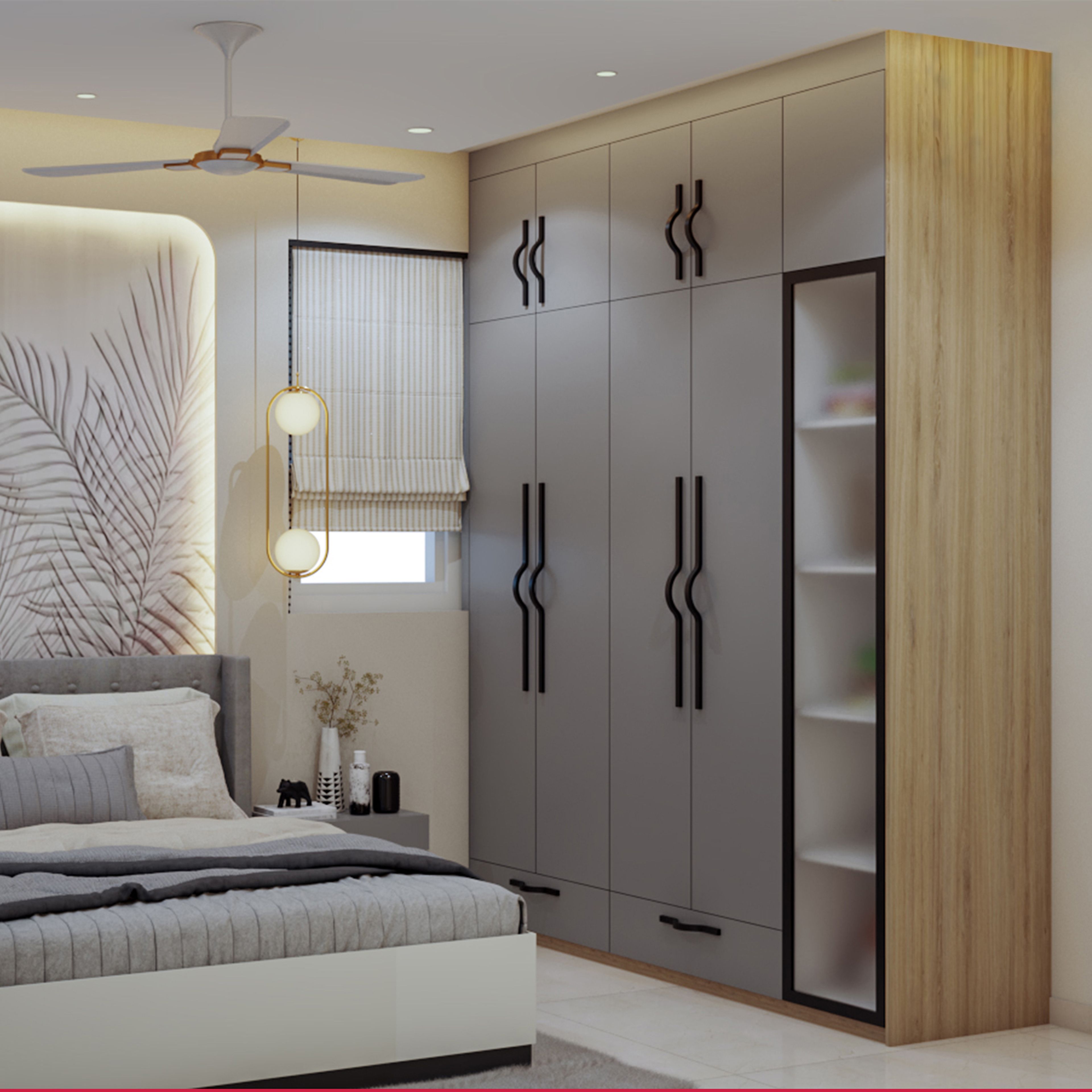 Eclectic 5-Door Swing Wardrobe Design with Integrated Glass Display and Black Handles