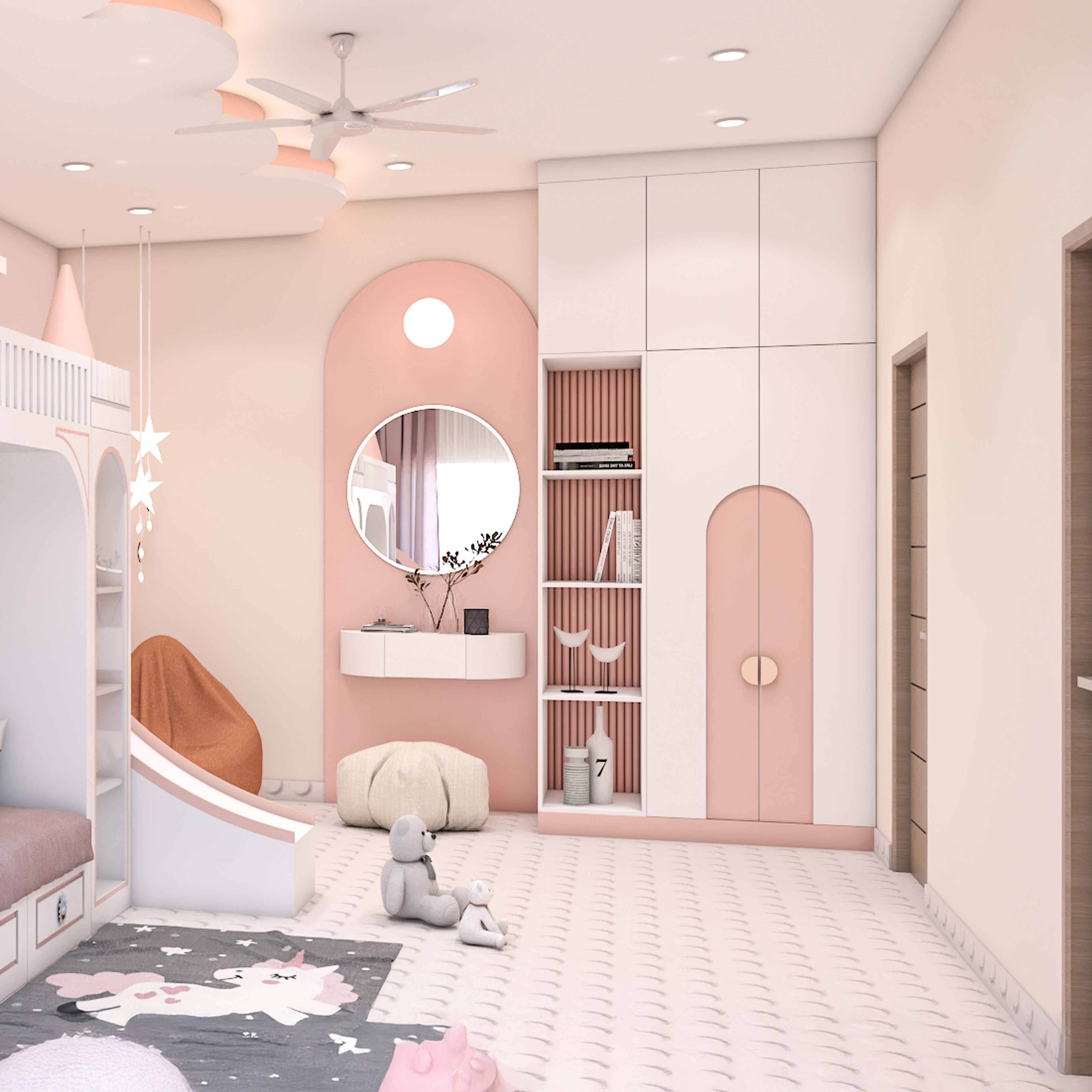 Modern Pink and Off-White 2-Door Swing Wardrobe Design in Suede Finish