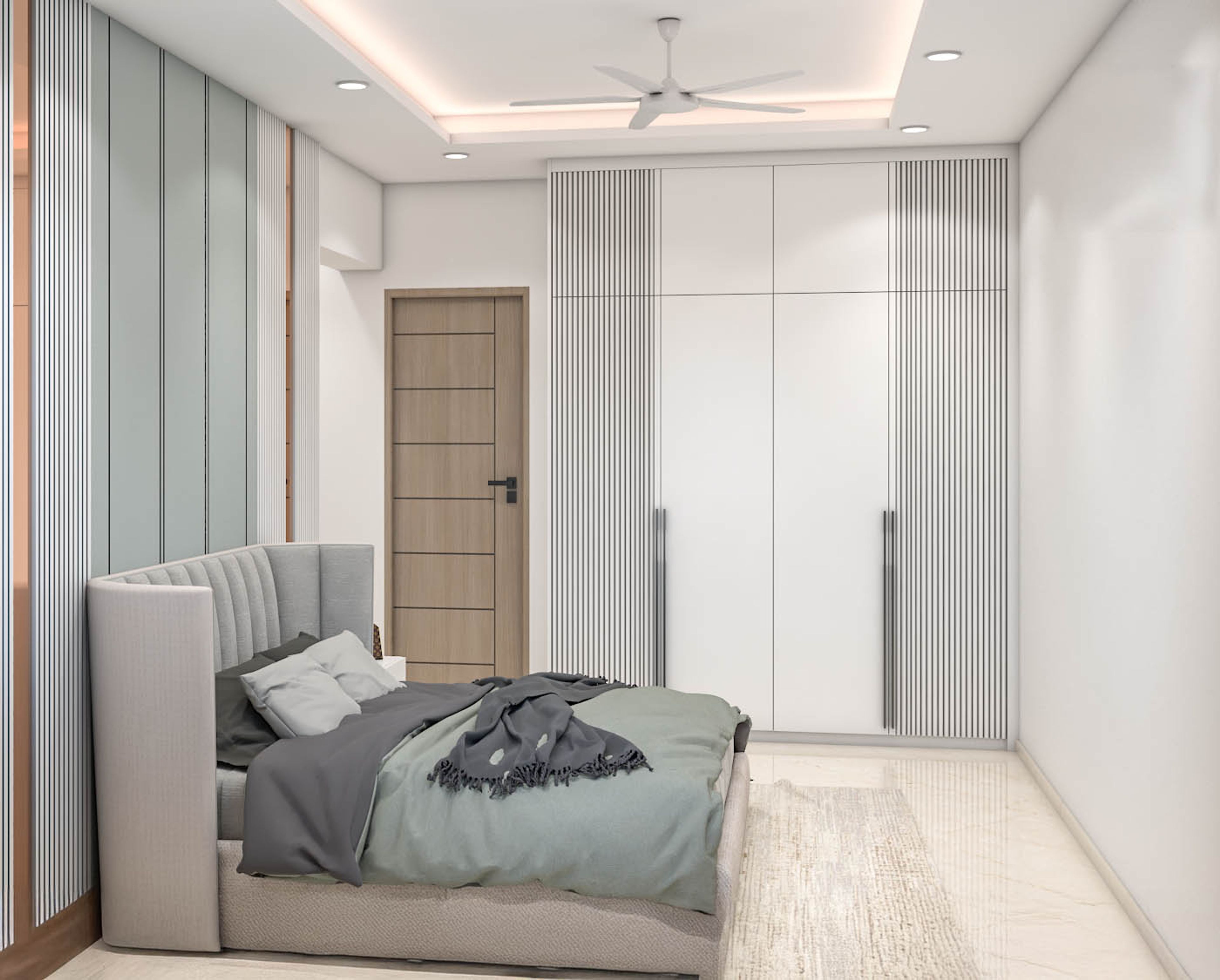 Modern 4-Door Swing Wardrobe Design in Off-White with Vertical Groove Detailing