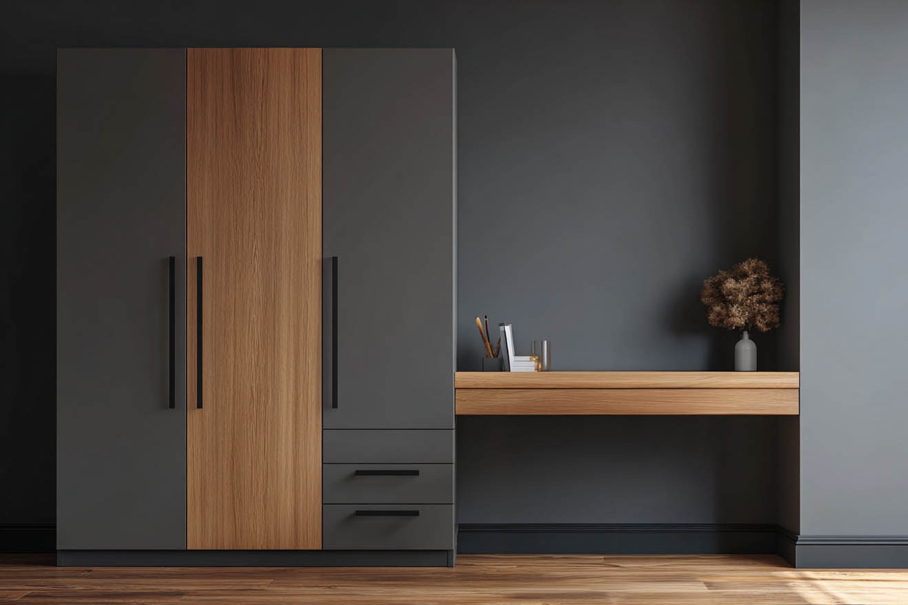 Contemporary Swing Wardrobe Design with 3 Doors in Grey and Walnut Suede Finish