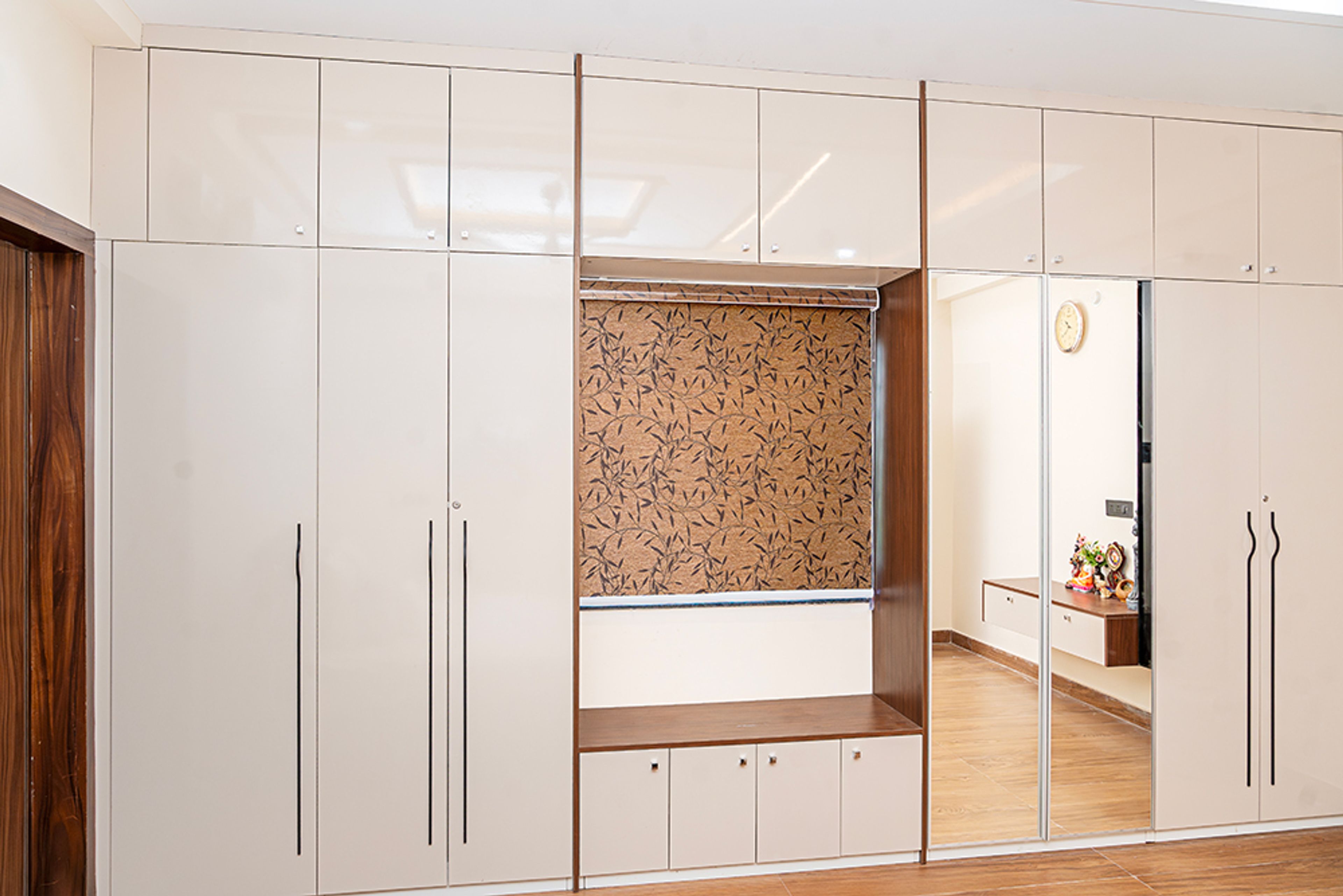 Contemporary White Swing Wardrobe Design with Seating and Loft