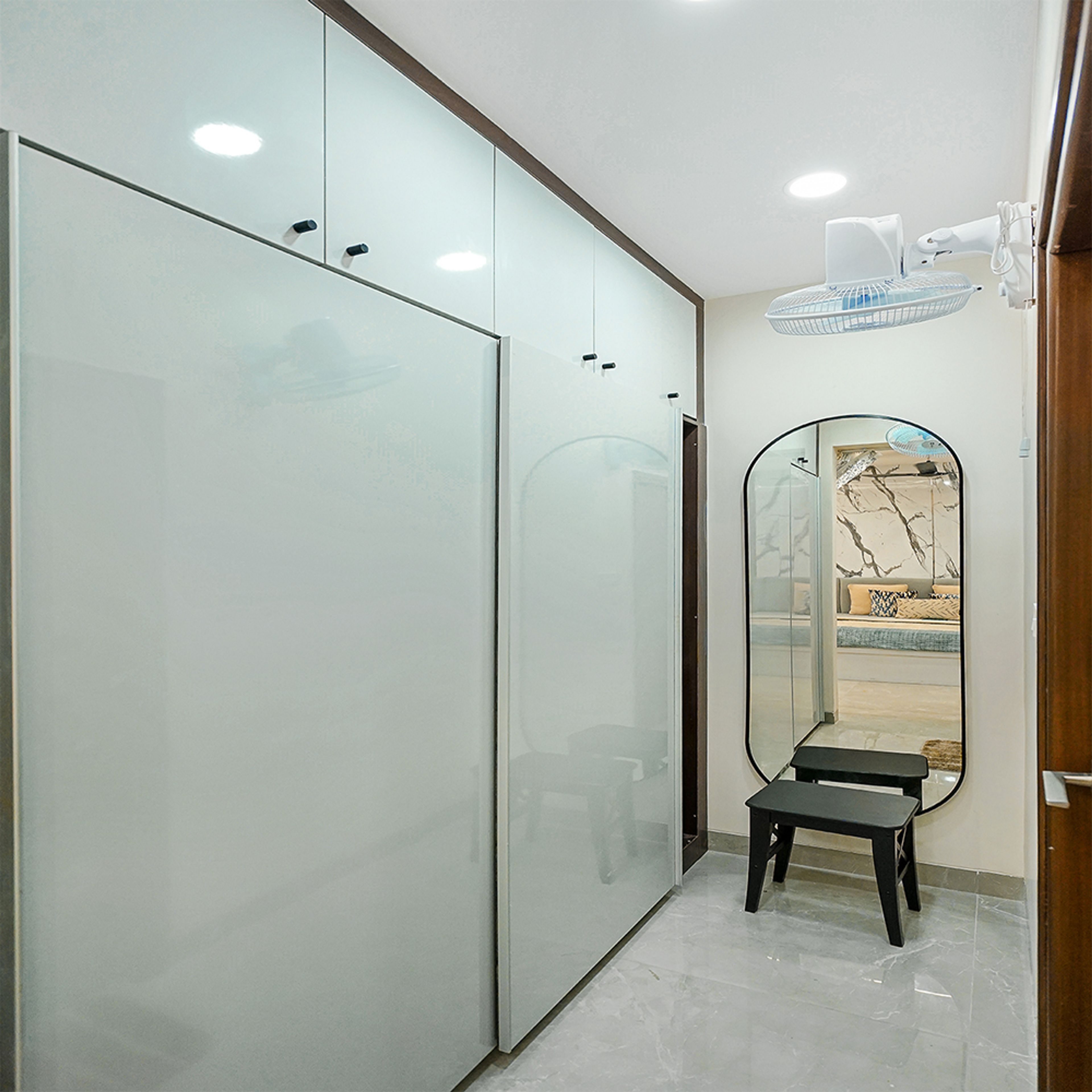 2-Door Modern Sliding Wardrobe Design in Silver Frost with Loft and Mirror