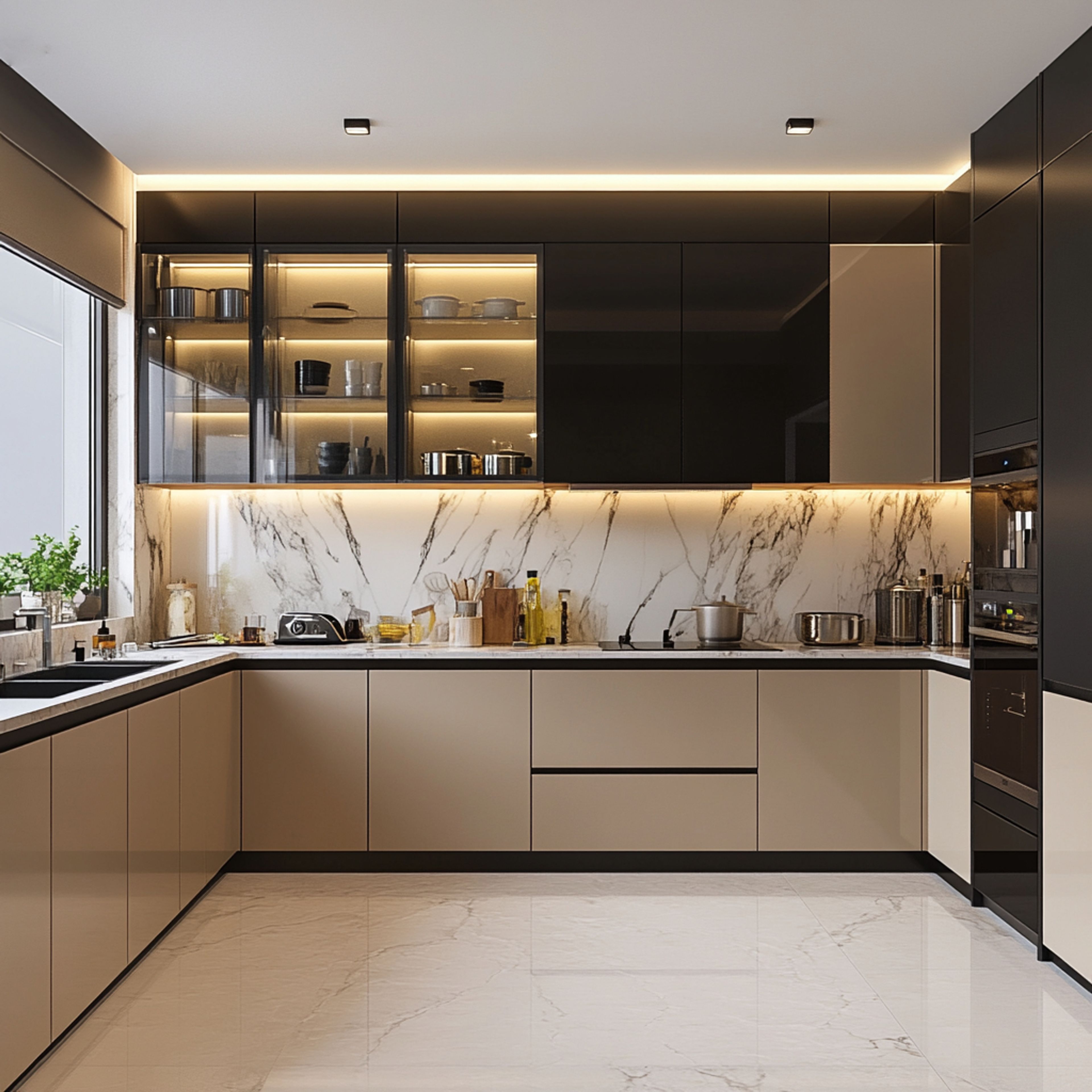 U-Shaped Kitchen Design with Irish Cream and Black Finish