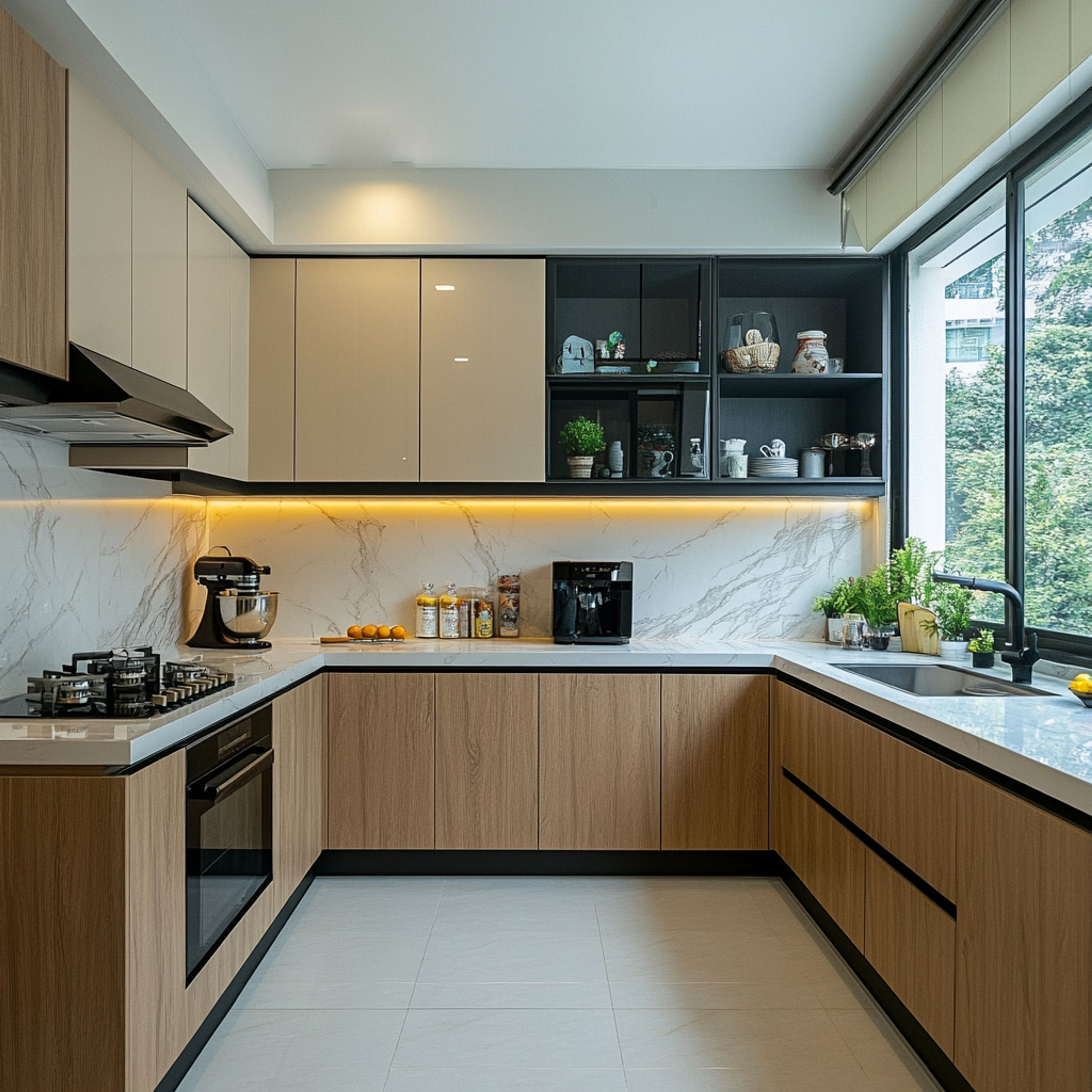 Cream and Teak Contemporary U-Shaped Kitchen