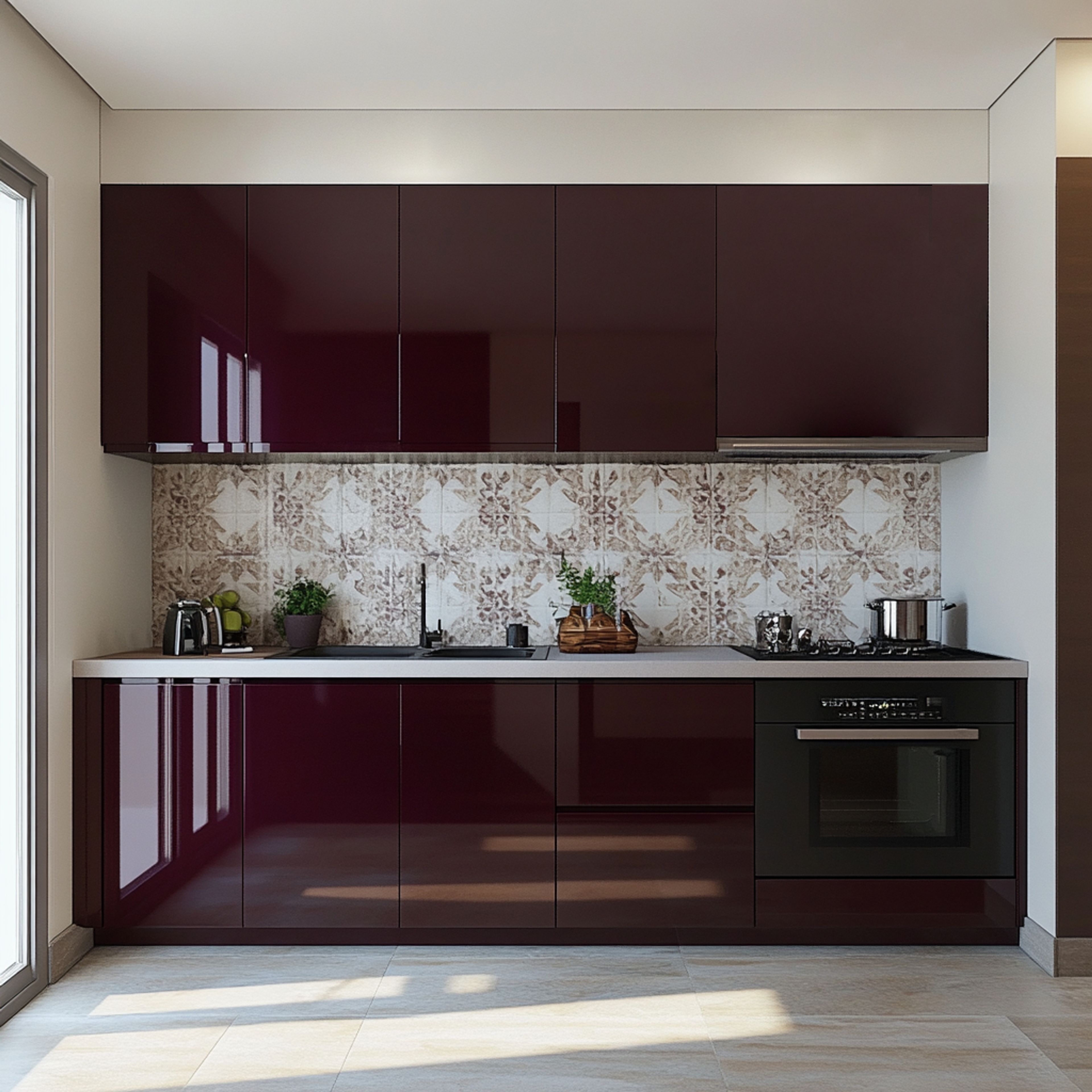 Straight Contemporary Kitchen Design with Berry Bunch High Gloss Laminate Finish