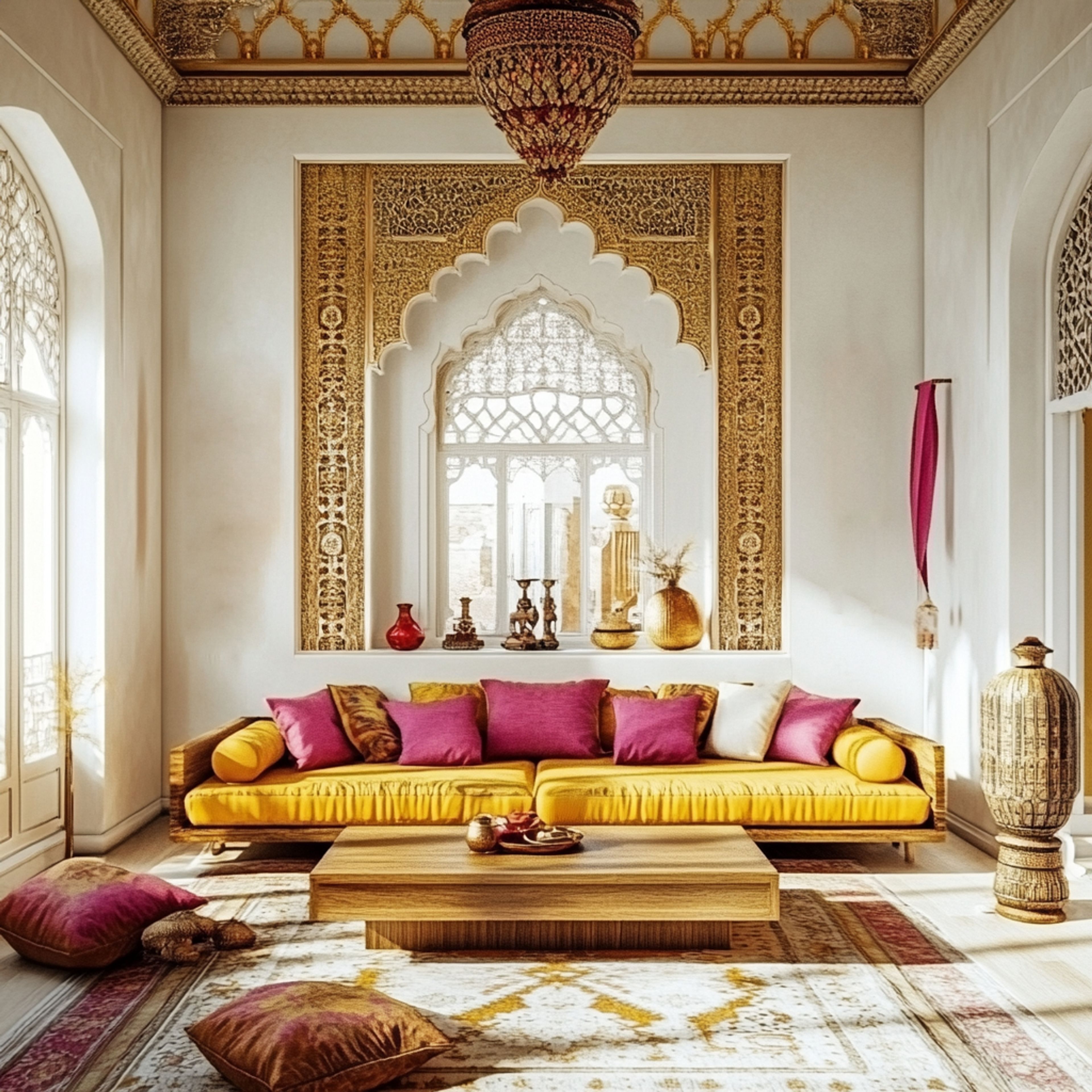 Traditional Living Room Design with Vibrant Yellow Sofa and Wooden Accents