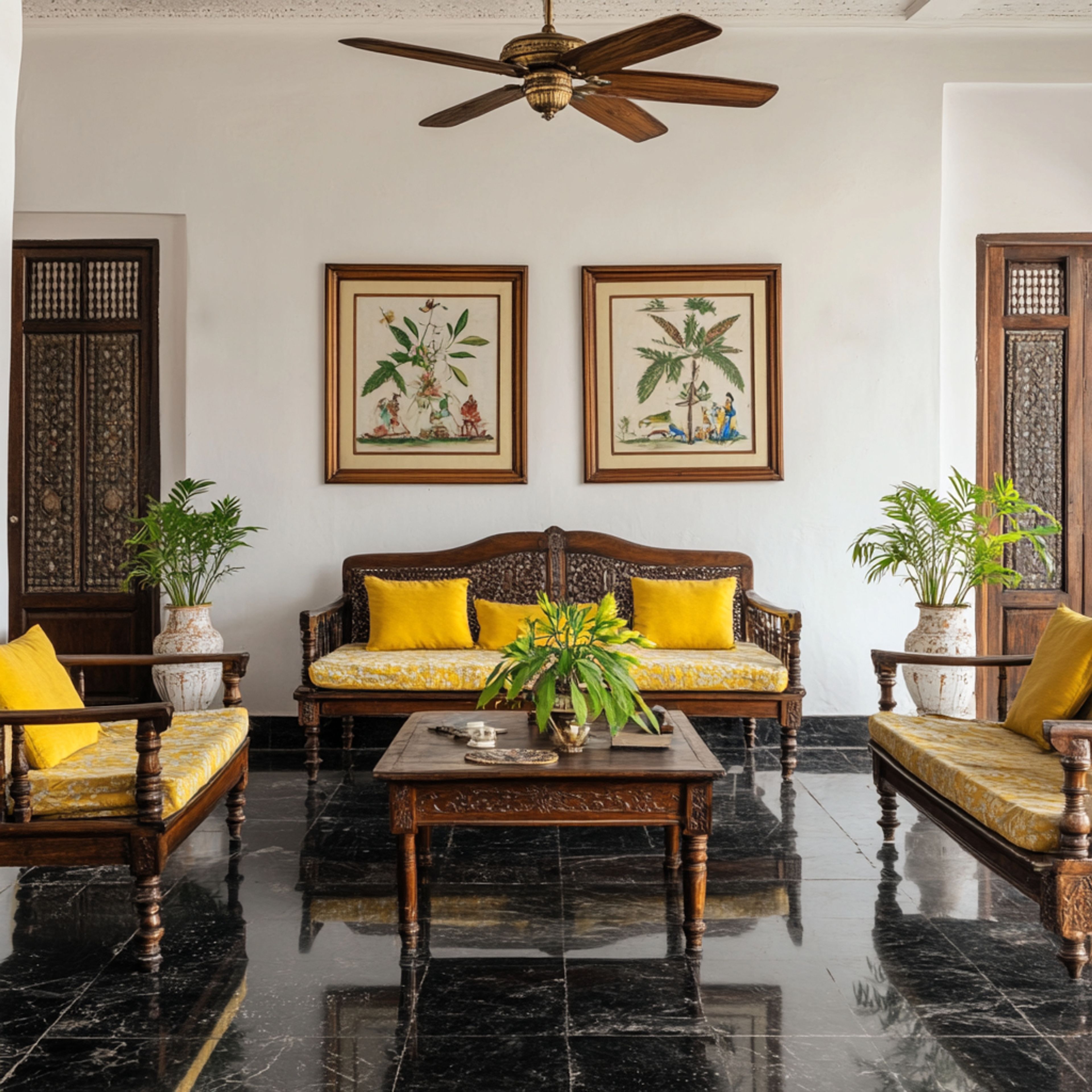 Transitional Living Room Design with Hand-Carved Wooden Furniture