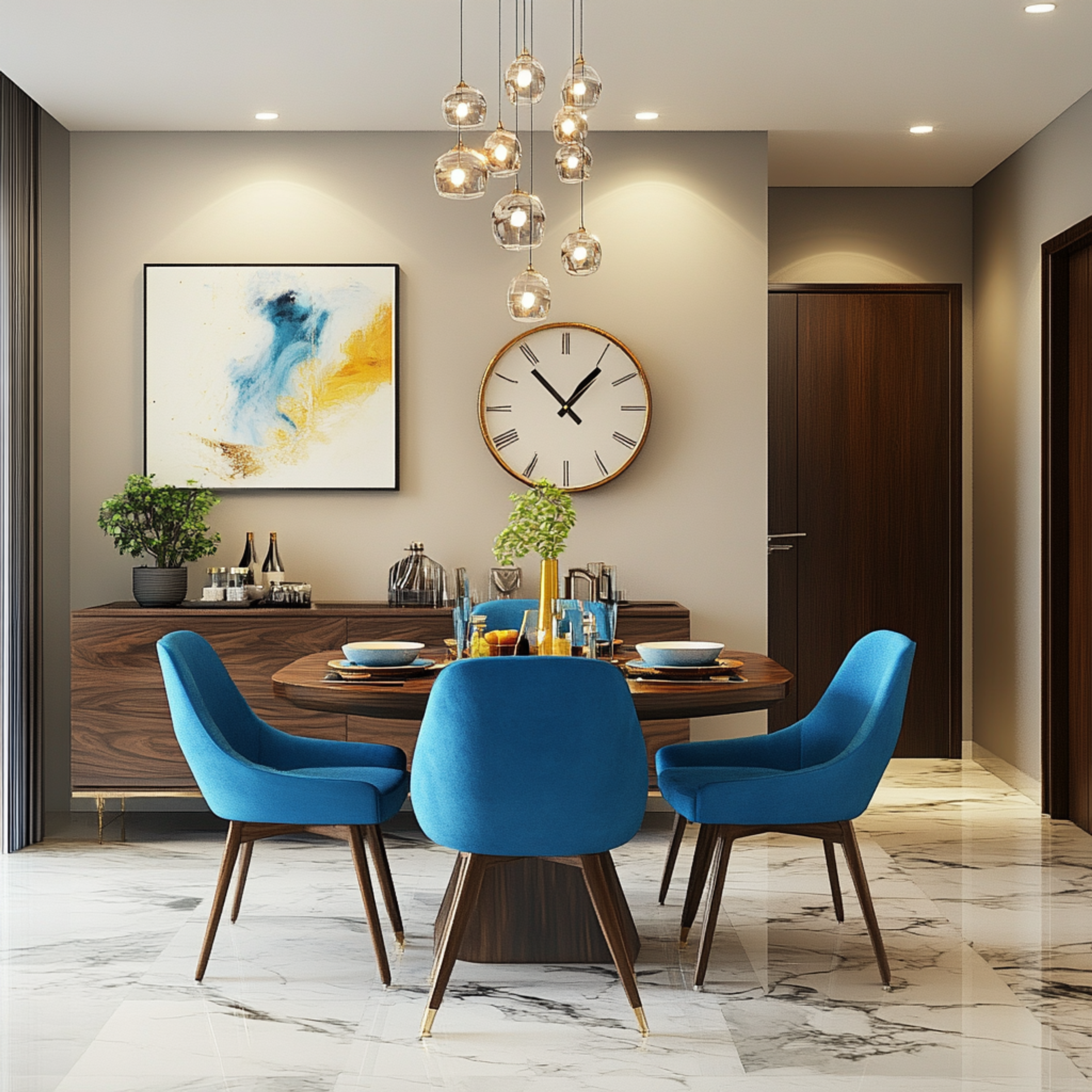 Modern Dining Room Design with Bold Blue and Dark Wood Accents