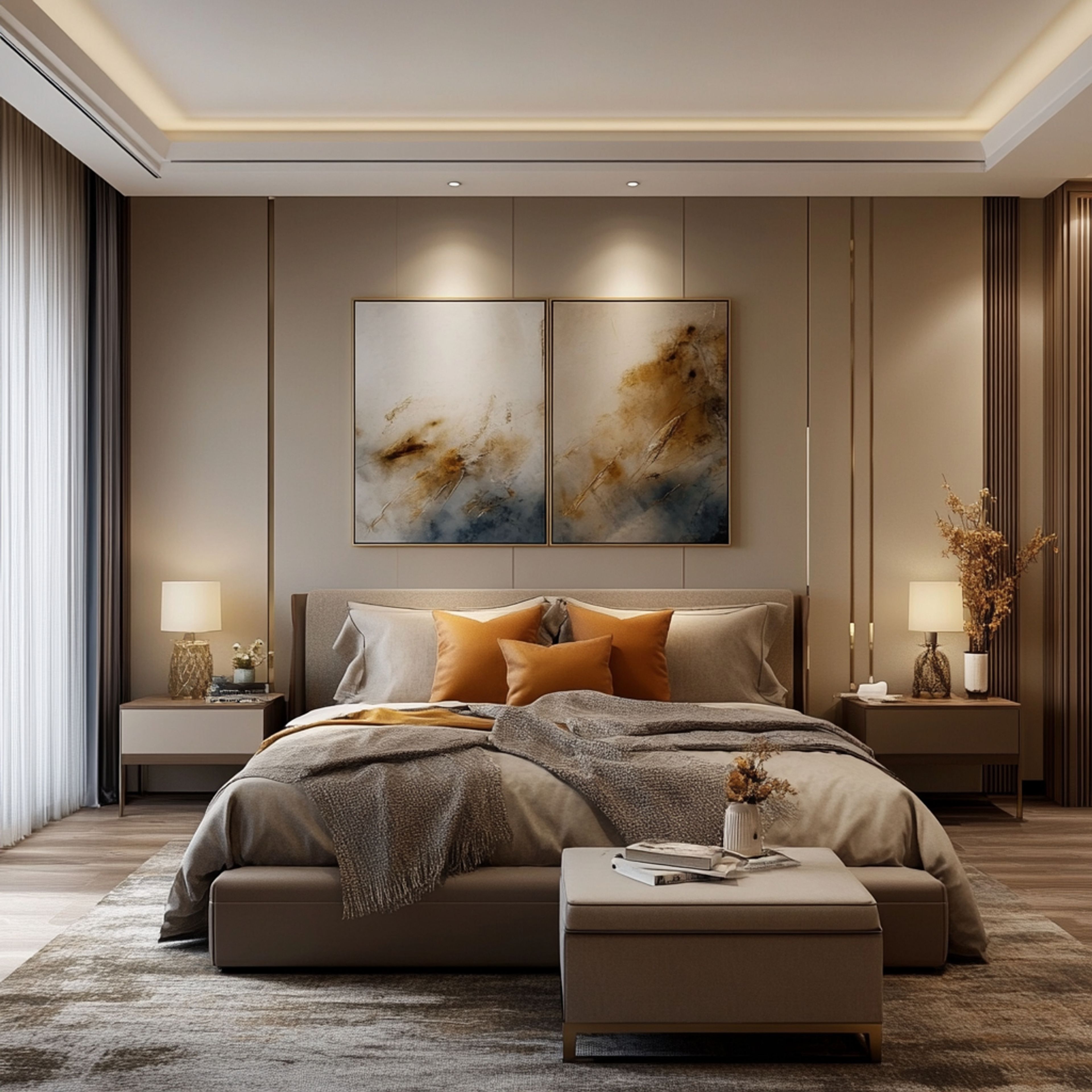 Master Bedroom Design with King Bed and Upholstered Bench