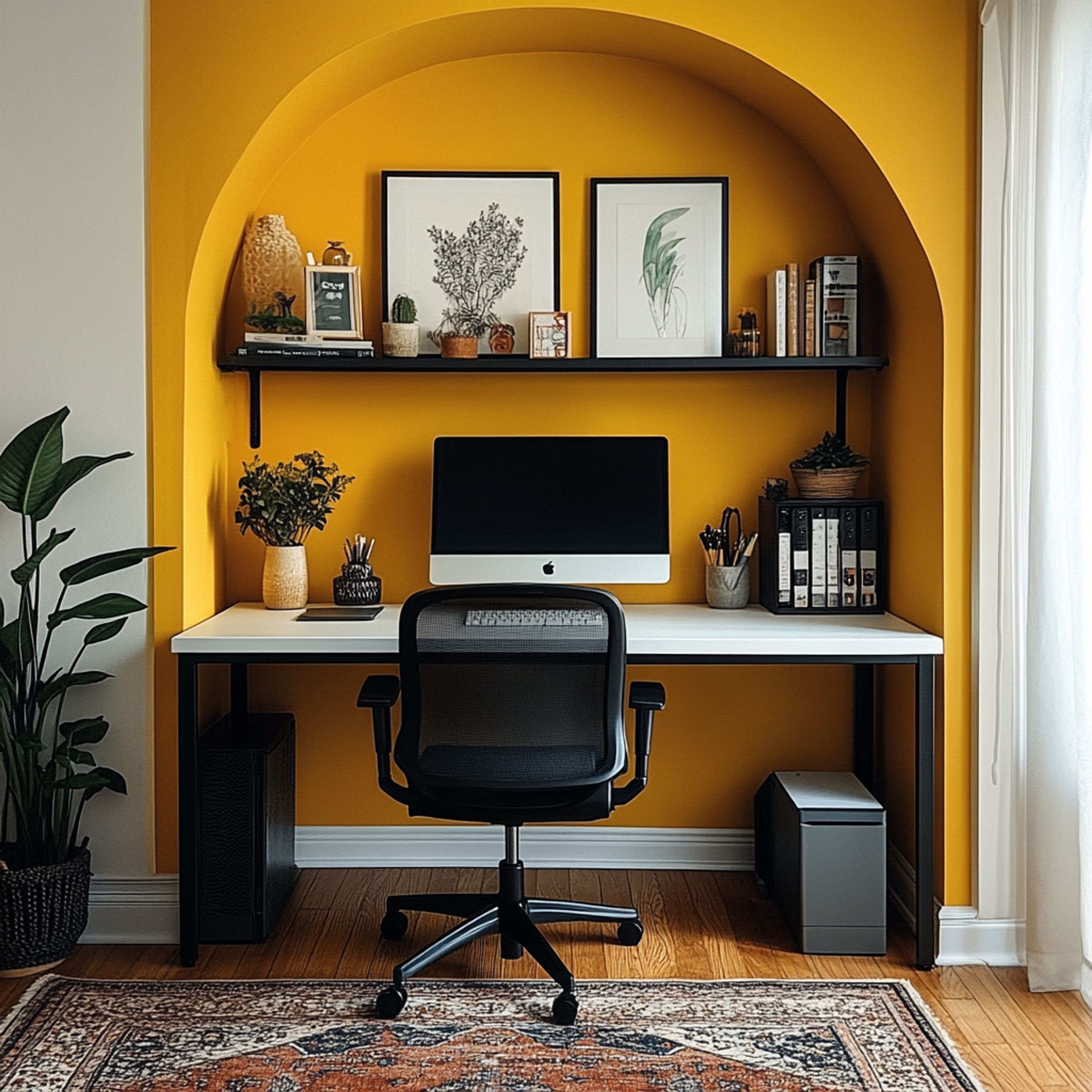 Bohemian Home Office Design with White Desk and Yellow Archway