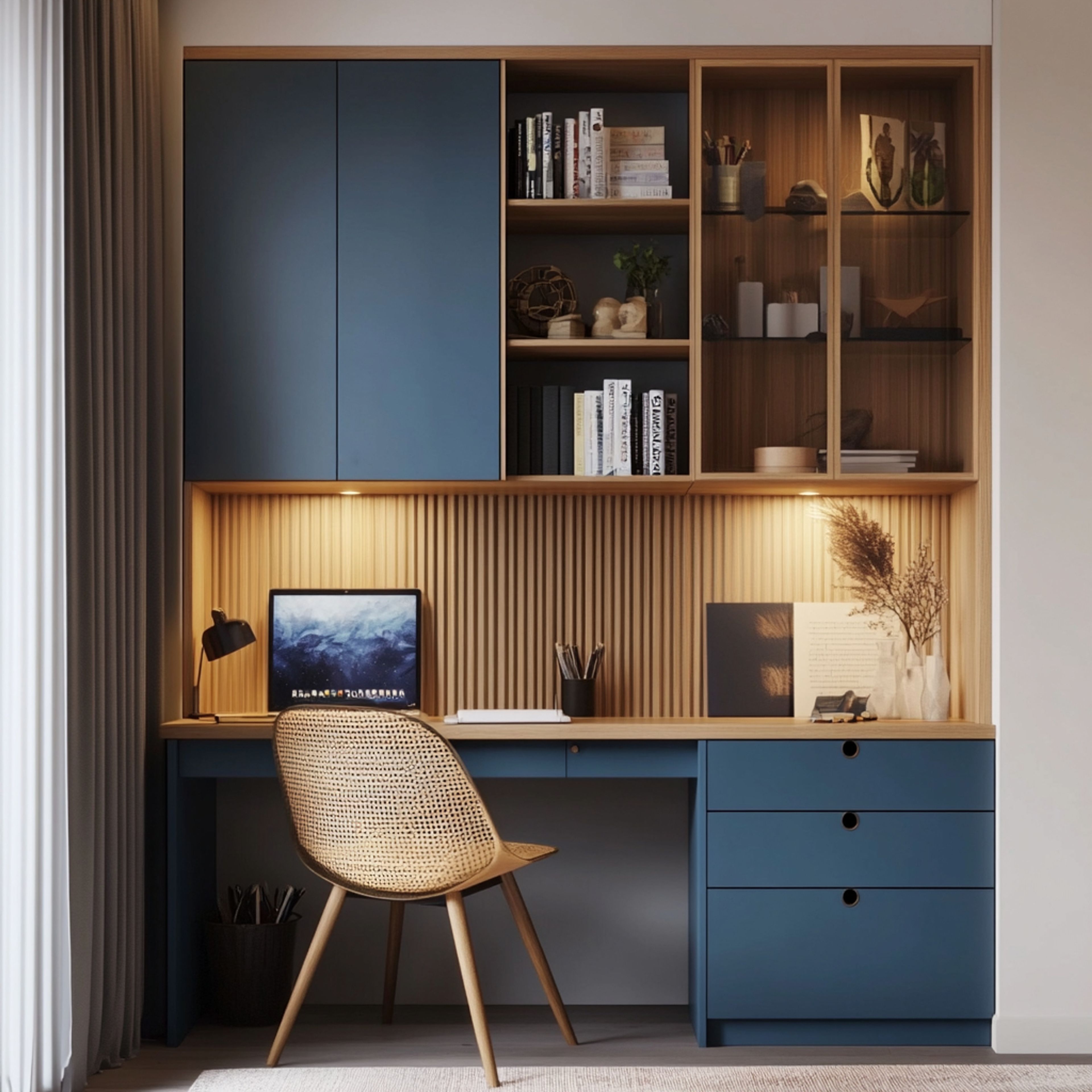 Scandinavian Home Office Design with Wooden Desk and Rattan Chair