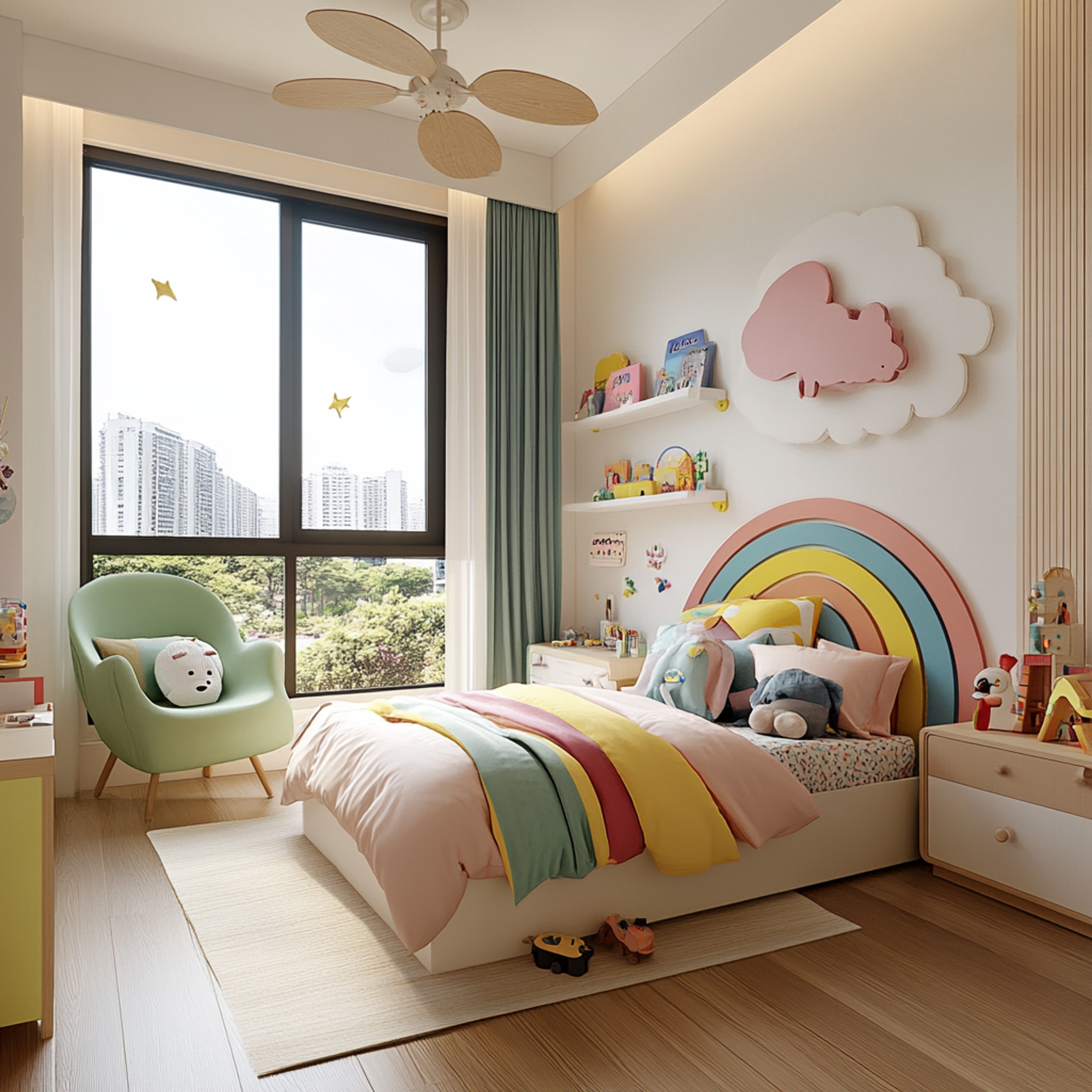 "Modern Kids Bedroom Design with Cloud Wall Accent "