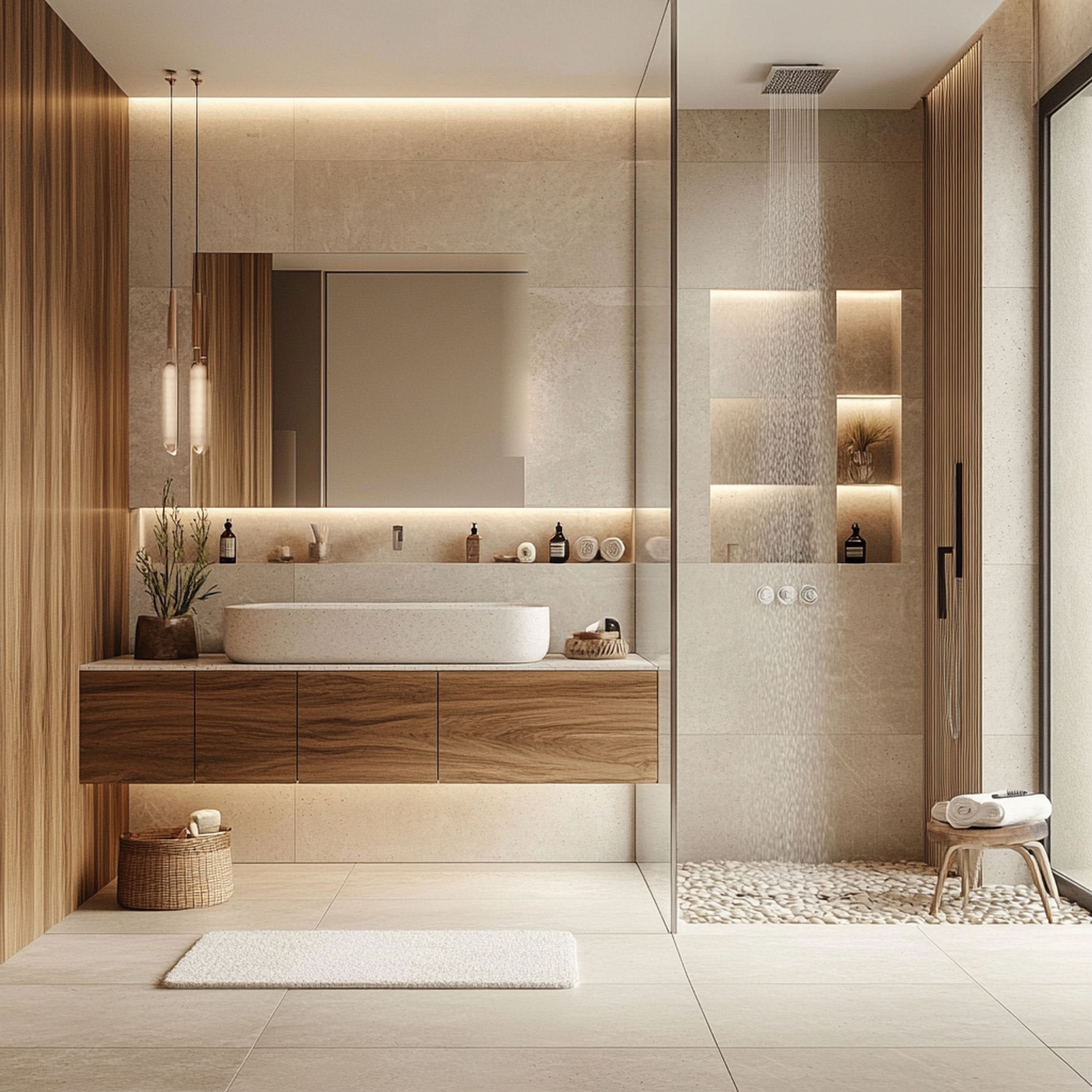 Modern Bathroom Design with Wooden and Beige Tile Accents